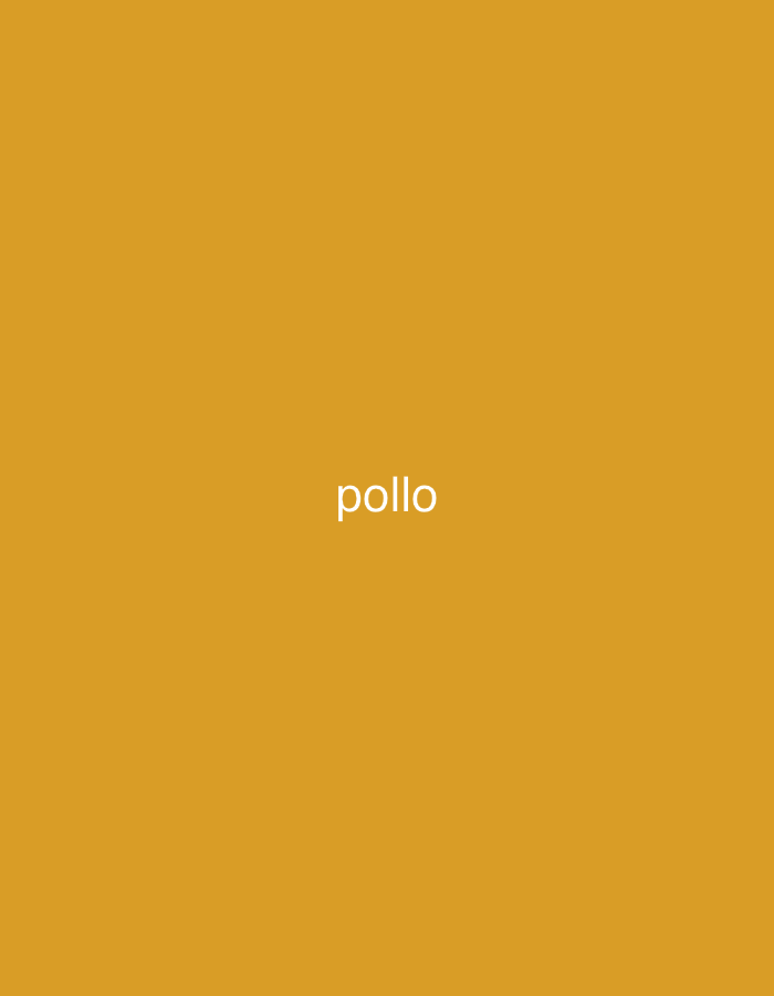 The image displays a solid mustard yellow background with the word "pollo" centrally positioned in white, sans-serif text. There are no other subjects, objects, or an apparent scene. No specific activity or event is taking place, as the image consists solely of text against a colored backdrop. Notable details include the distinct ochre-like hue of the background and the clean, modern appearance of the white lettering. The image does not provide any visual cues regarding the time of day, weather, or specific location within Santa Ana, Venezuela, which is the provided context for this media file. No people or discernible emotions are conveyed.