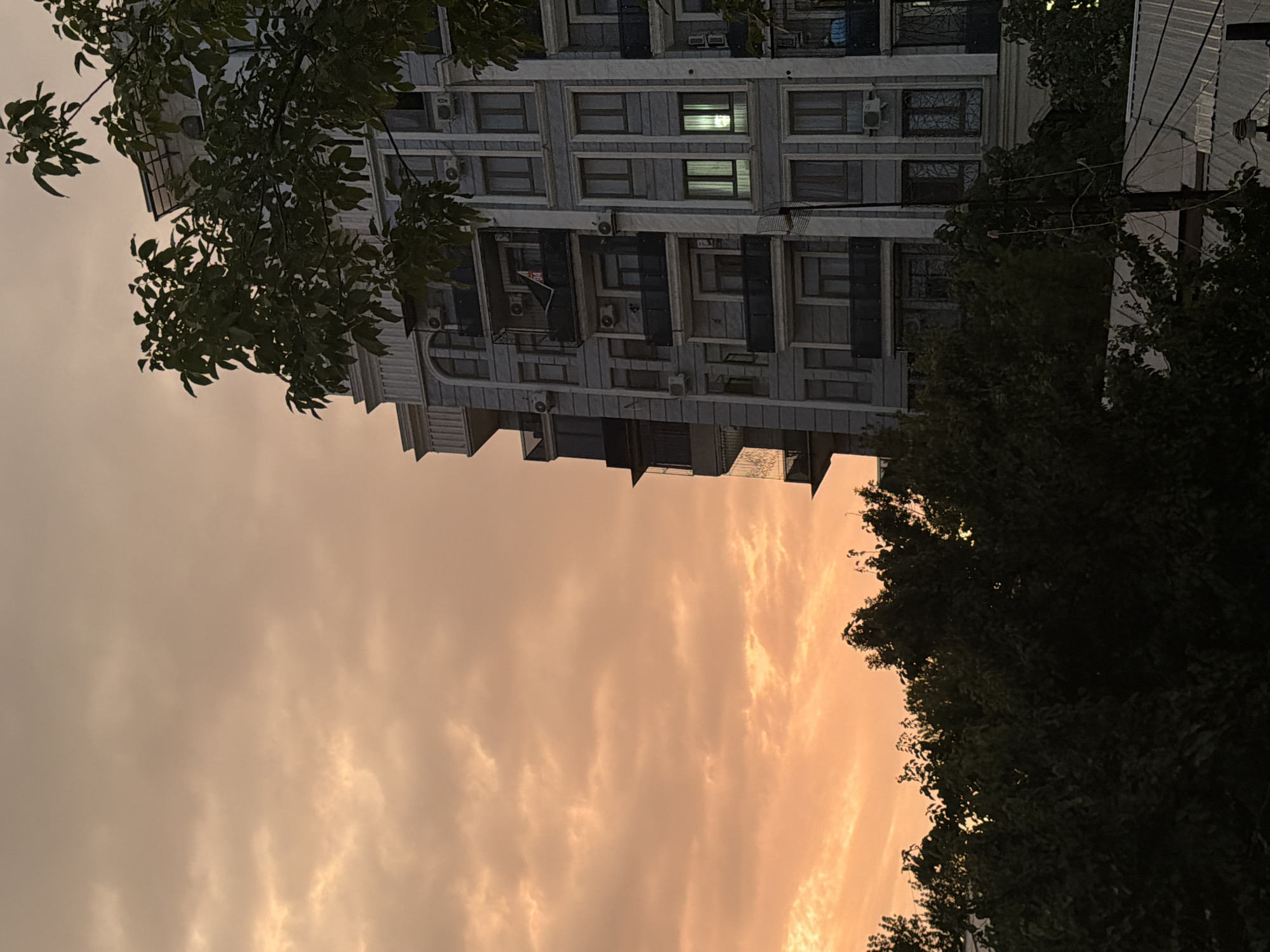 An exterior, low-angle, full shot captures a multi-story apartment building on the right side of the frame, silhouetted against a hazy, orange sunset sky. The building's facade is a light gray with white architectural detailing around the windows and roofline. Numerous windows and balconies are visible, some with air conditioning units. A few windows on the upper floors are illuminated from within. Dark green foliage from trees partially obscures the lower floors of the building, and branches from a tree in the foreground extend into the top right portion of the image, framing the scene. The sky is filled with wispy, orange and yellow clouds, indicative of sunset or sunrise. The building appears to be located in the city of Tashkent, Uzbekistan, based on the architectural style common in newer residential developments there. The scene is tranquil, with no people or animals visible.