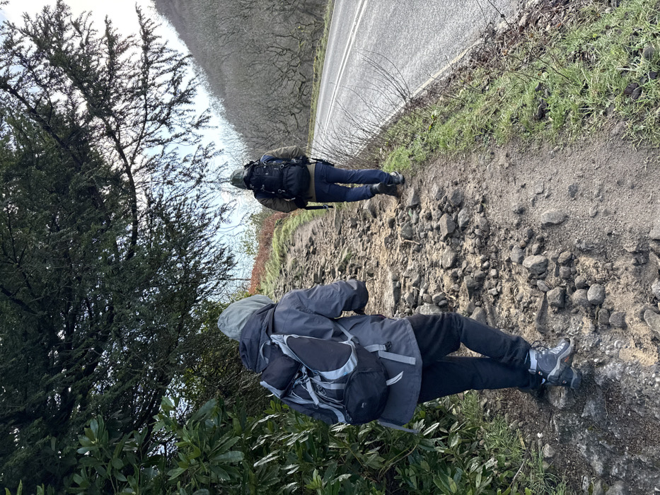 Two individuals are depicted walking uphill on a rocky dirt path in High Peak, United Kingdom. The person in the foreground wears a grey hooded jacket, black trousers, and hiking boots, carrying a black and grey backpack. Ahead, a second individual wears a green hooded jacket, blue jeans, and dark hiking boots, with a black backpack. The path runs parallel to an asphalt road on the right, which features a double white line and is bordered by sparse green grass and bare bushes. To the left, dark green evergreen shrubs and a large conifer tree with dense foliage overhang the path. In the background, a hillside covered with leafless deciduous trees ascends under a light blue sky.