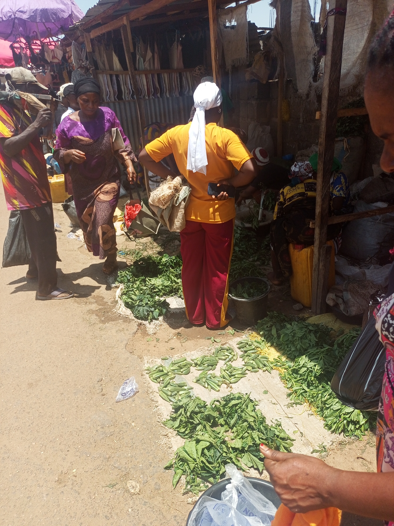 In an outdoor market setting in Sabon Tasha, Nigeria, several people are present. One woman in a yellow shirt and red pants stands with her back to the viewer, holding a phone. Another woman in purple clothing walks nearby. A man in a colorful shirt stands to the side. The foreground shows leafy green vegetables and some okra scattered on the ground. A woman in a patterned shirt holds a plastic bag. Background includes market stalls with various items displayed.
