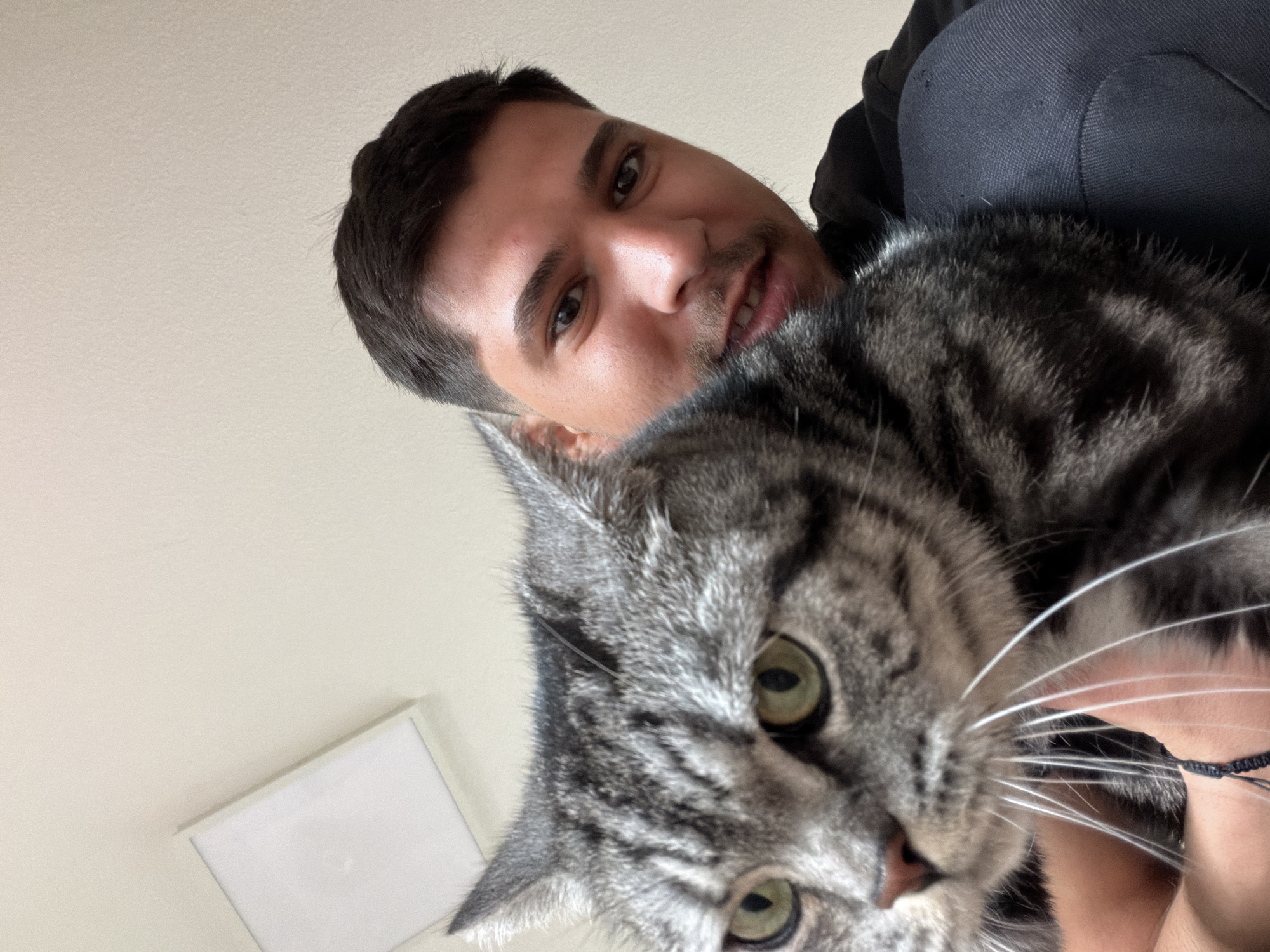 A medium shot shows a man and a cat. The man is light-skinned, has short dark hair, and is wearing a black shirt. The cat is a gray tabby with green eyes. The cat is closer to the camera than the man. A white square ceiling light is visible in the background. The location is a residential or office space, but the specific location in Gütersloh, Germany, cannot be determined from the image. The man is holding the cat. They are interacting with each other in an unknown way. The environment is indoors.