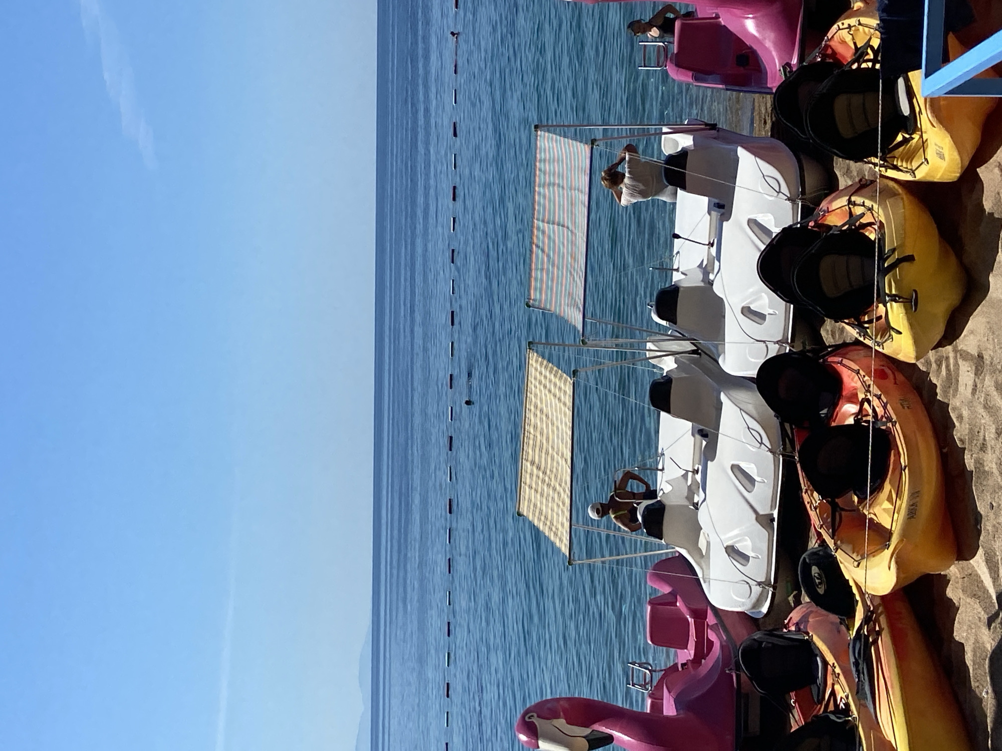 This media file shows a scenic view of a beach and the ocean in Budva, Montenegro. Several kayaks and pedal boats are lined up on the sandy shore, ready for use. The water is a calm, deep blue, with a few buoys marking a swimming area. The sky is clear and bright, suggesting a sunny day, likely late morning or early afternoon given the angle of the sun.
Two people are visible in the scene. One person is sitting in a pedal boat, facing away from the camera, and another person is leaning out of a pedal boat, looking towards the water. The pedal boats themselves are white with some colorful striped awnings.
The kayaks are vibrant yellow and orange, with black seats. They are arranged neatly on the sand. In the background, a pink flamingo-shaped pedal boat adds a whimsical touch to the scene. The overall atmosphere is one of leisure and outdoor recreation, with the gentle lapping of waves against the shore creating a peaceful ambiance. The sunlight glints off the water, and the sand appears warm and inviting. There is no visible text in the image.