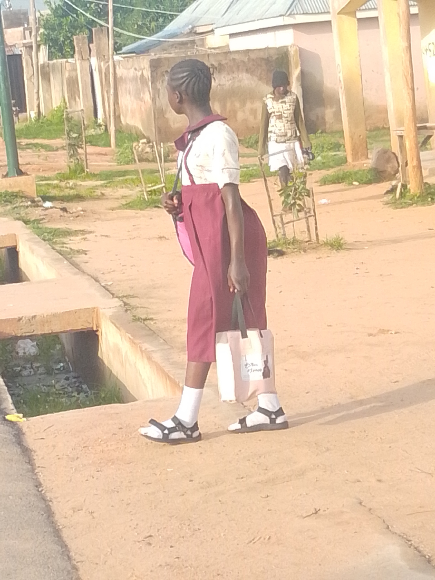 The image depicts an outdoor scene in a dusty, urban environment. In the foreground, a young female, likely a student based on her attire, is walking towards the right. She is wearing a white blouse with a maroon pinafore and white socks with black-strapped sandals. She carries a light-colored tote bag in her right hand, which has some writing and a small image on it. Her hair is styled in braids.
In the middle ground, another young person, wearing a dark head covering, a patterned vest, and a white skirt, is walking towards the left, holding a stick and a bunch of leaves or branches. They are also dressed casually, possibly as a student as well.
The background shows a street with uneven, sandy ground, some vegetation, and buildings with corrugated metal roofs. There are concrete structures and what appears to be a drainage ditch on the left side of the image. The overall impression is of a simple, developing urban area. The lighting suggests it is daytime.