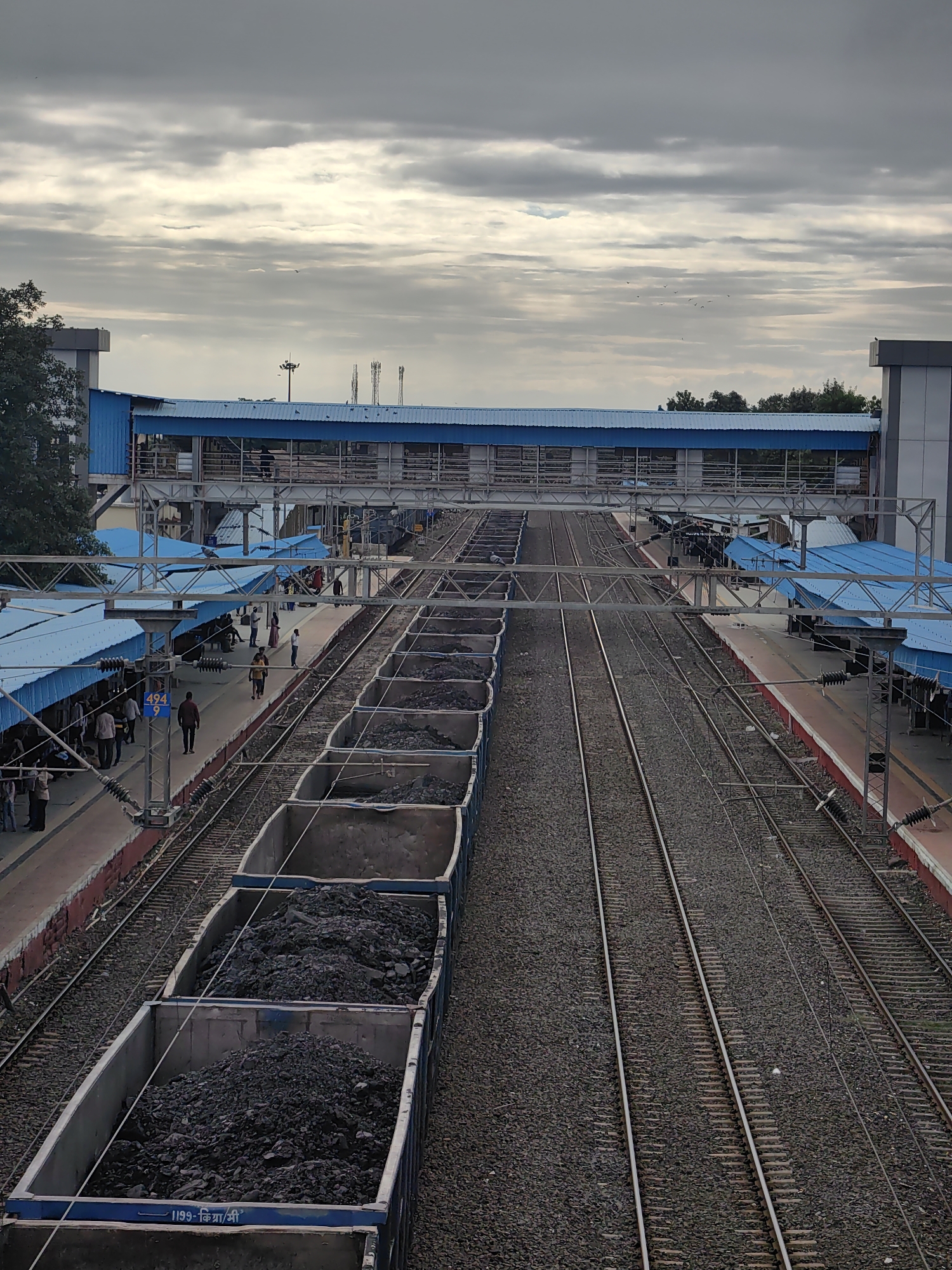 The image depicts a railway station with multiple tracks and platforms. In the foreground, several open-top train wagons are filled with coal. On the platforms, people are visible walking and standing, some near the edge of the platform. A pedestrian overpass with a blue roof stretches across the tracks, connecting different sections of the station. The sky is overcast with a mix of light and dark clouds. The scene appears to be an active transportation hub, likely in Malkapur, India, given the presence of Hindi script on the wagons.