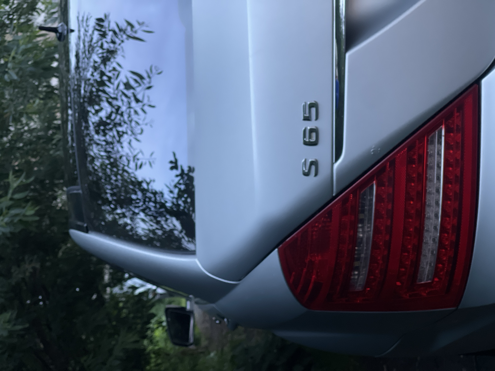 The image shows the rear of a silver Mercedes-Benz S65 sedan, parked outdoors. The car's taillight is visible on the left, and the "S 65" badging is centered on the trunk. The car is parked on an unpaved surface, possibly a dirt road, as indicated by the textured ground and the presence of trees and foliage in the background. The leaves of the trees are reflected in the car's polished trunk and window, suggesting a sunny or overcast day. The overall impression is that of a luxury vehicle in a natural or semi-rural setting.