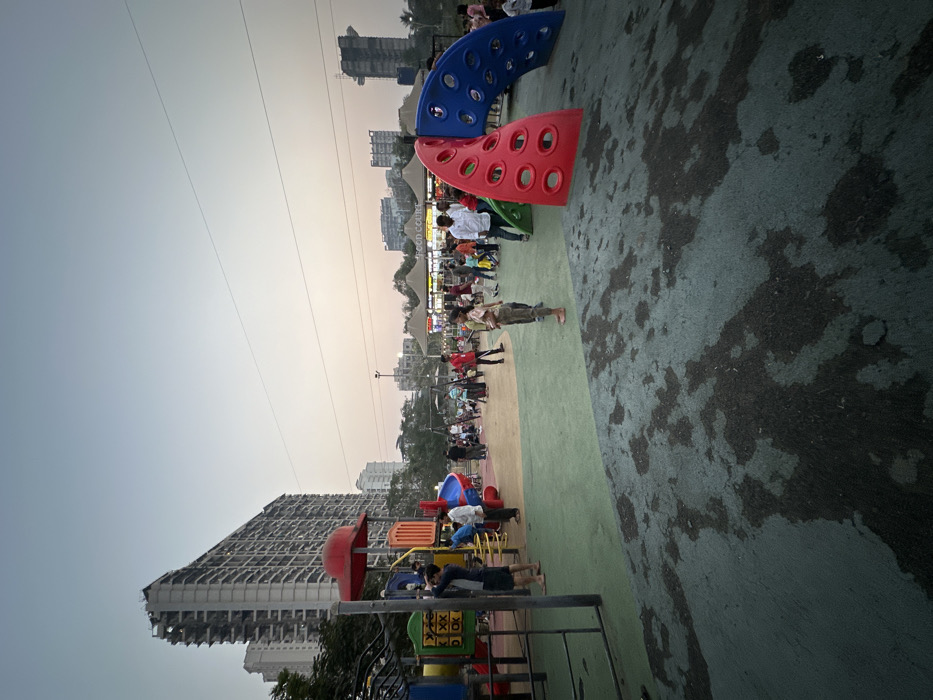 The image portrays an outdoor recreational area within Kalyan-Dombivli, India, during twilight conditions. The immediate foreground features a textured ground surface, predominantly dark green with lighter green patches and irregular dark, wet areas. The midground presents a lighter green expanse functioning as a children's play area.
On the left side of the midground, a multi-component playground structure is visible, incorporating red, blue, yellow, and green elements, including a slide and climbing apparatus. Several individuals, including adults and children, are present around this structure; some are barefoot. On the right, a large, arched climbing structure in red and blue, featuring circular openings, is situated on a gentle rise. A barefoot individual stands near this structure, facing away from the camera.
The central midground and background are populated by numerous adults and children, dressed in casual clothing, engaging in various activities such as playing, observing, and walking. In the background, a row of at least four market stalls with peaked, light-colored awnings constitutes a "FOOD COURT," indicated by a sign, with additional people gathered in its vicinity. The distant background reveals a dense urban environment with multiple high-rise buildings, including one tall, distinctively shaped structure on the far right. The sky overhead is a clear light blue, transitioning to a pale orange-pink hue near the horizon. Utility cables are visible traversing horizontally across the upper portion of the frame.