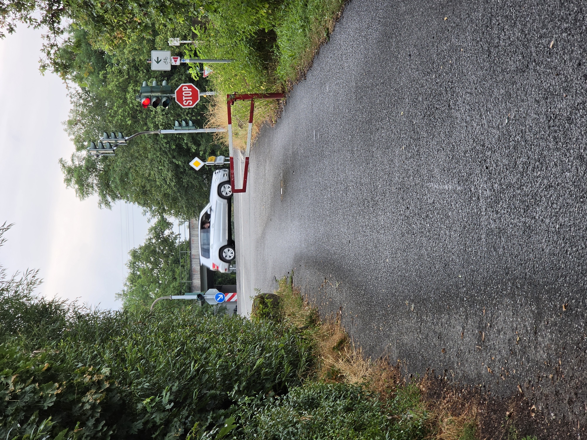 The image depicts a scene on a paved road bordered by dense green foliage on both sides. In the foreground, a red and white striped barrier is lowered across the road. A silver SUV is positioned on the road ahead, approaching the barrier. Traffic signals are visible, with a red light illuminated on one. Several road signs are also present, including a hexagonal red STOP sign, a white sign with a bicycle symbol and a leftward arrow, and a yellow diamond-shaped sign. In the background, a bridge or overpass structure is visible, with trees and vegetation surrounding it. The sky is overcast. The scene appears to be at a road crossing, possibly a railway crossing, indicated by the barrier and traffic signals. The location is identified as Kelsterbach, Germany.