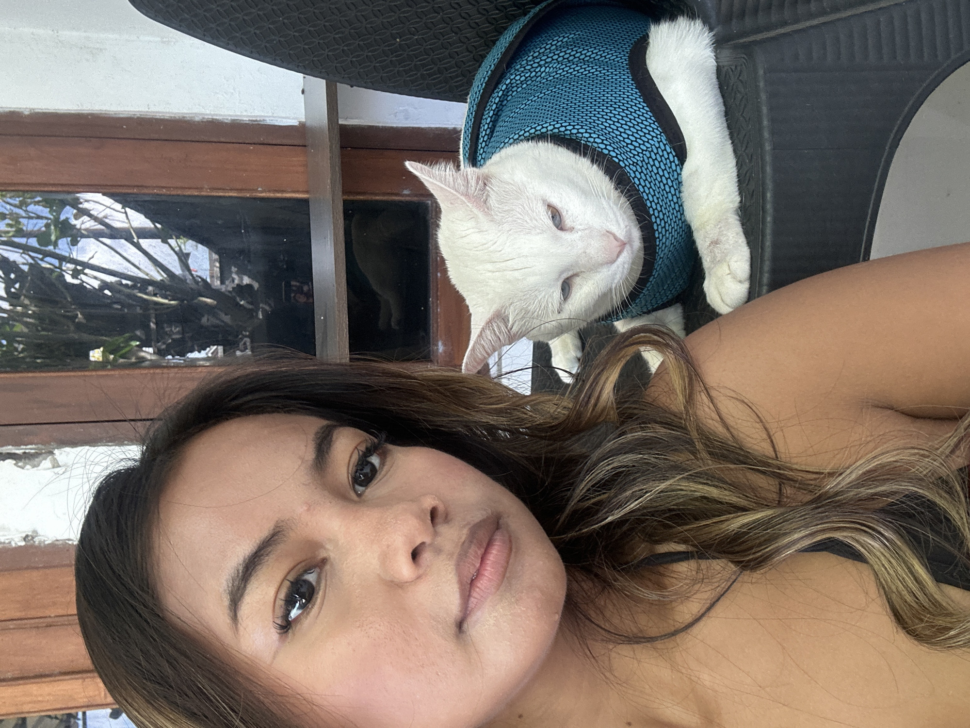 A selfie taken from a slightly high angle shows a woman with long, dark brown hair with blonde highlights, her face in the foreground, and a white cat wearing a blue mesh vest in the background. The woman is looking at the camera with a neutral expression. The cat is also looking away from the camera with its eyes partially closed. They are outdoors, with a wooden door and window visible behind them, and lush greenery reflected in the window. The scene appears to be in a home or guesthouse in Sukawati, Indonesia.