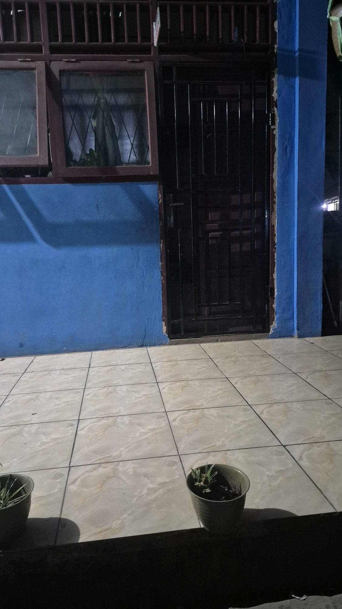 The image depicts the exterior of a building at night, likely in Putak, Indonesia. The scene is dominated by a vibrant blue wall with a dark metal gate in the center. To the left of the gate, a window with red-brown wooden frames is visible, featuring crisscrossed bars and a curtained interior. Above the window and gate, a dark red, slatted structure, possibly a security grille or part of the building's facade, is present. The ground is tiled with light-colored square tiles. In the foreground, two small potted plants are placed on a dark surface. The lighting suggests artificial illumination, casting shadows. The environment appears to be residential or a small commercial establishment.