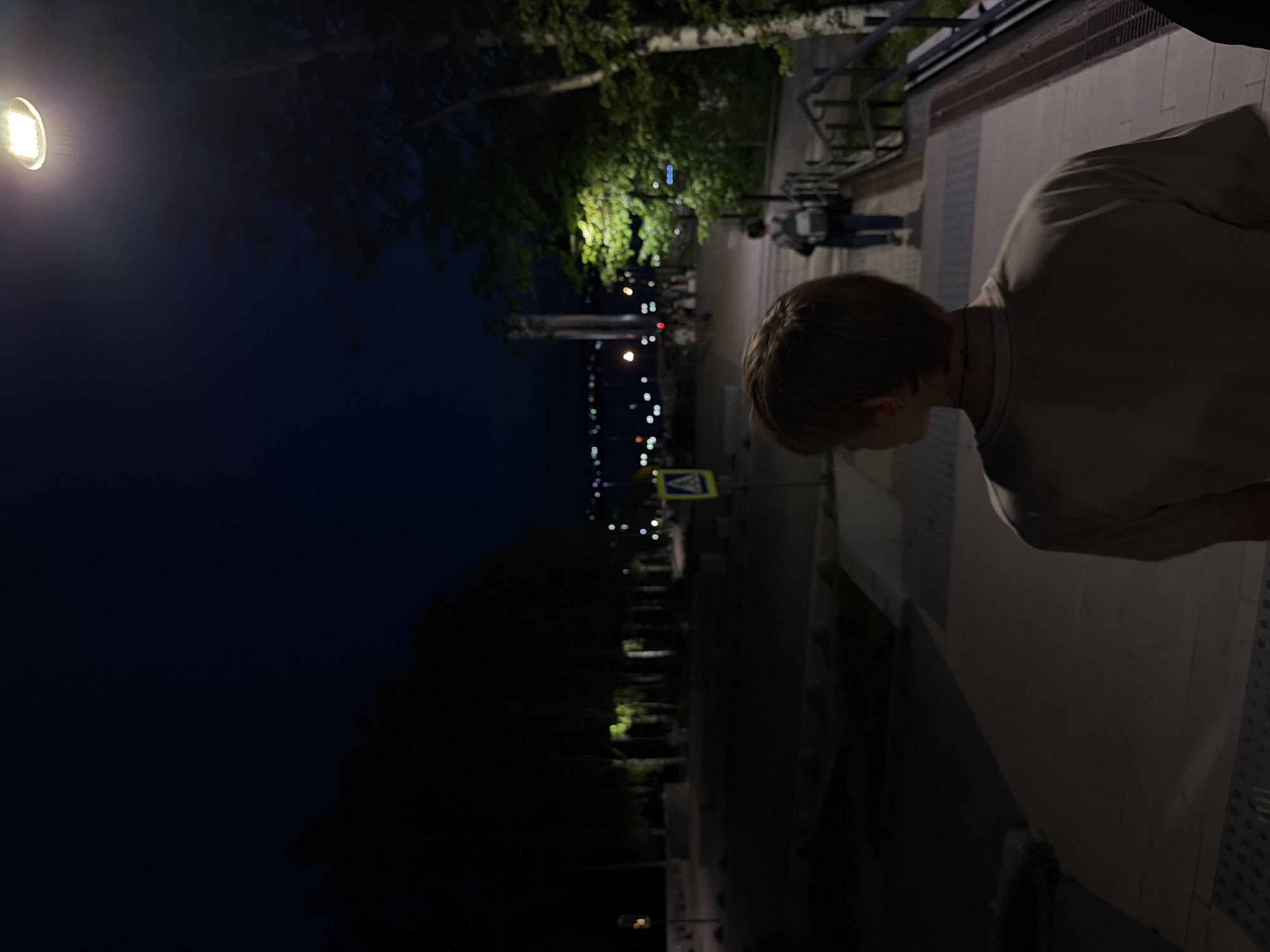The image shows a nighttime scene in Izhevsk, Russia. The composition is dominated by a person wearing a light-colored shirt who is partially visible on the right side of the frame. The person is standing on a sidewalk or pedestrian area paved with gray stones. A metallic bike rack is located on the edge of the sidewalk. In the background, across a dark area with trees, there's a distant view of city lights, including street lamps lining a roadway. A pedestrian crossing sign is also visible in the mid-ground. The sky is dark, illuminated by a street lamp in the upper-left corner. Another person can be seen in the background, walking towards the city lights.