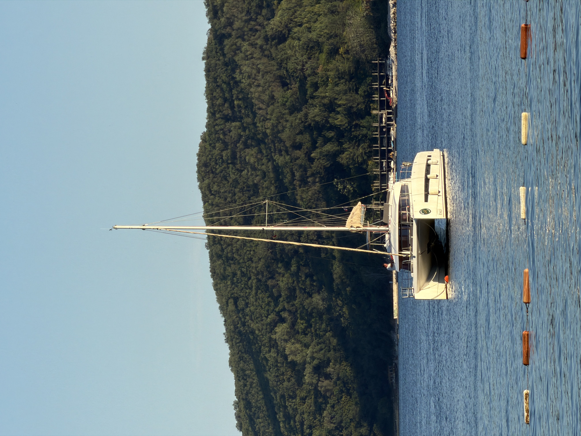 The image shows a yacht docked at a pier in Budva, Montenegro. The yacht is white with a tall mast. It's moored alongside a wooden pier with other boats visible. A steep, tree-covered hillside rises behind the pier. The water is calm and blue, with several buoys floating nearby. The sky is clear and light blue.