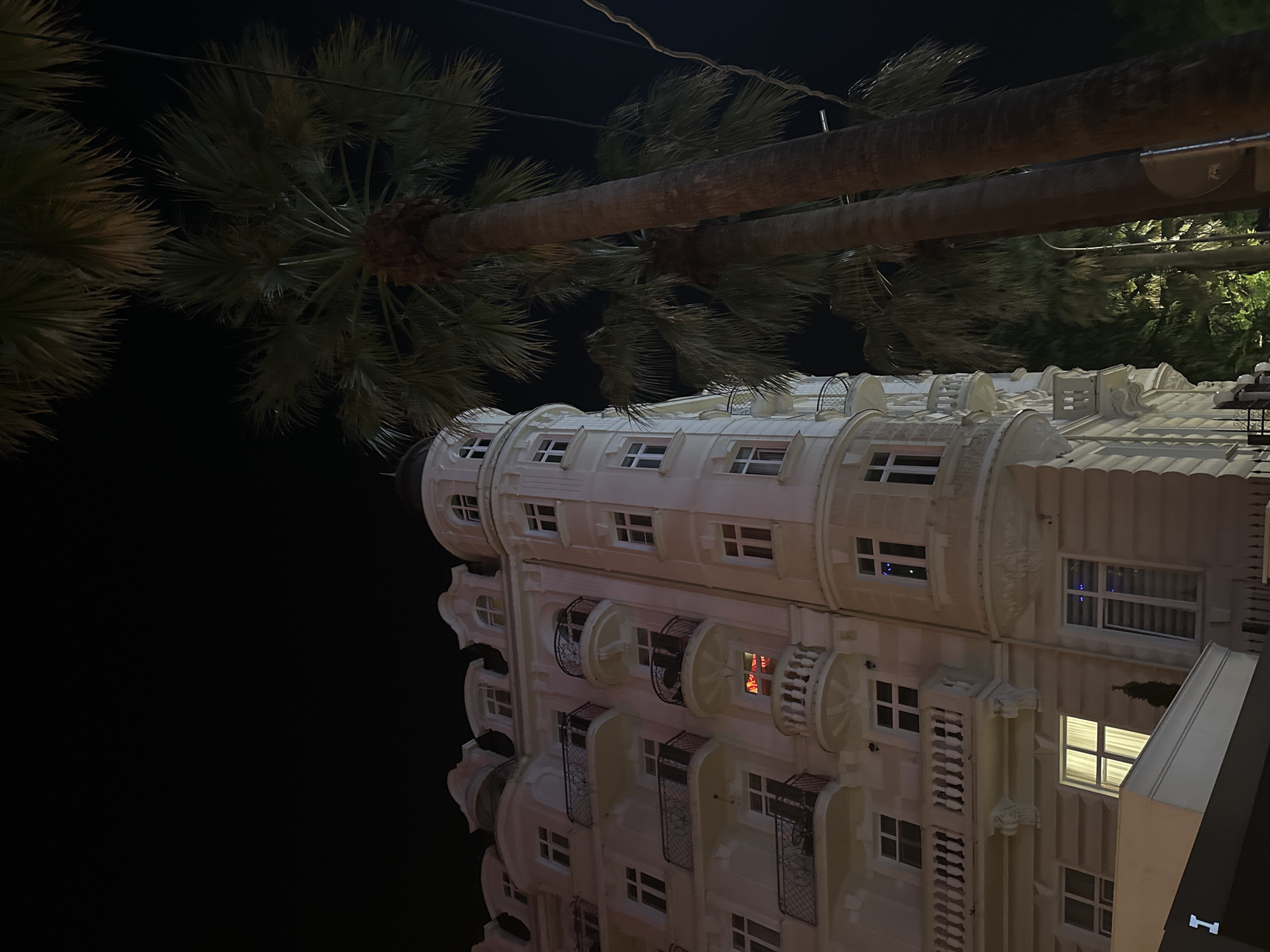 An ornate, multi-story building with a light-colored facade stands under a dark night sky in Sochi, Russia. The building features numerous windows, balconies with decorative railings, and arched architectural details. Several large palm trees with fronds obscure parts of the building and extend towards the top of the frame. A single, bright red light emanates from one of the building's windows. A sliver of a dark-colored structure with a letter 'I' is visible in the lower-left corner. The scene is illuminated by artificial lights, casting a warm glow on the building's facade.