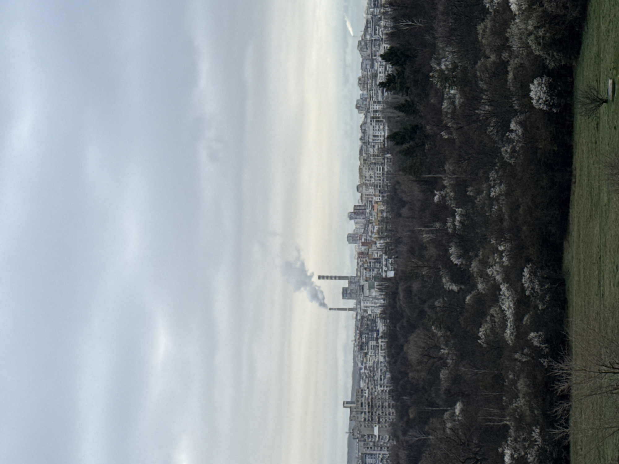 The image presents an elevated view of a city adjacent to a green space. On the left, a cloudy sky dominates the upper portion of the frame. Towards the center, a cluster of high-rise buildings is visible, punctuated by a smokestack emitting smoke into the atmosphere. The buildings appear dense, suggesting an urban residential area. To the right, a line of trees and green vegetation extends along the edge of the urban area, giving way to what seems to be a park or green field. The perspective indicates the photo was likely taken from a higher vantage point such as a hill or tall building. The location is the city of Sofia, Bulgaria.