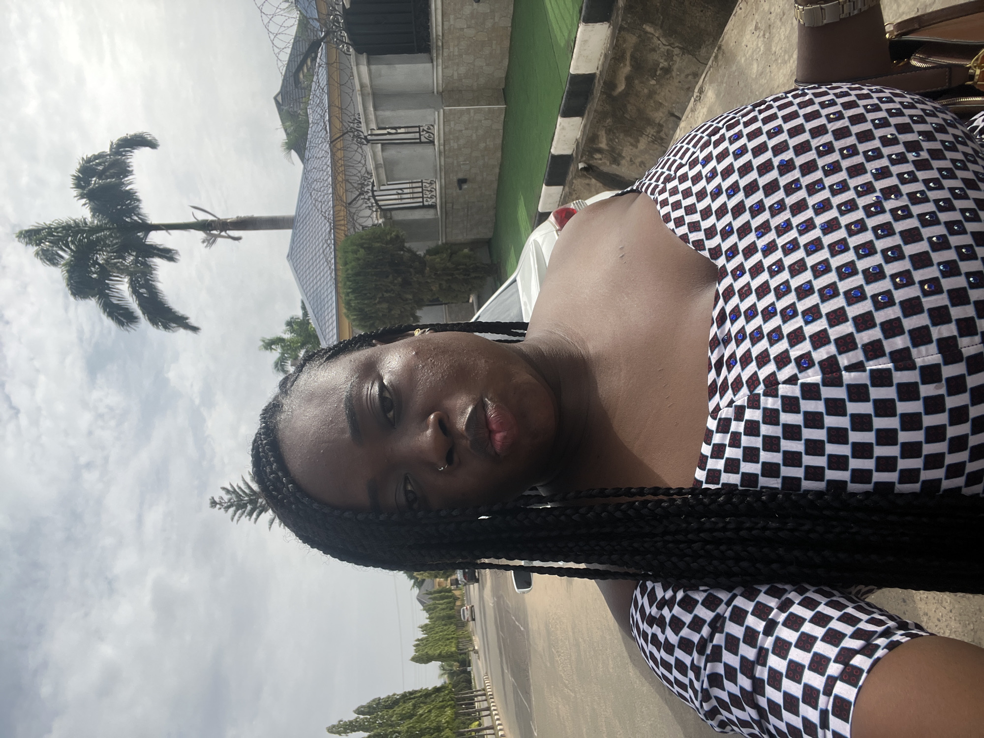 A waist-up shot shows a woman with dark skin and braided hair. She wears a white, brown, and blue checkered top. The background shows a building with a barbed wire fence, a palm tree, and a road with trees lining the side. It appears to be a sunny day. Based on the visible elements, the location is consistent with the city of Abuja, Nigeria.