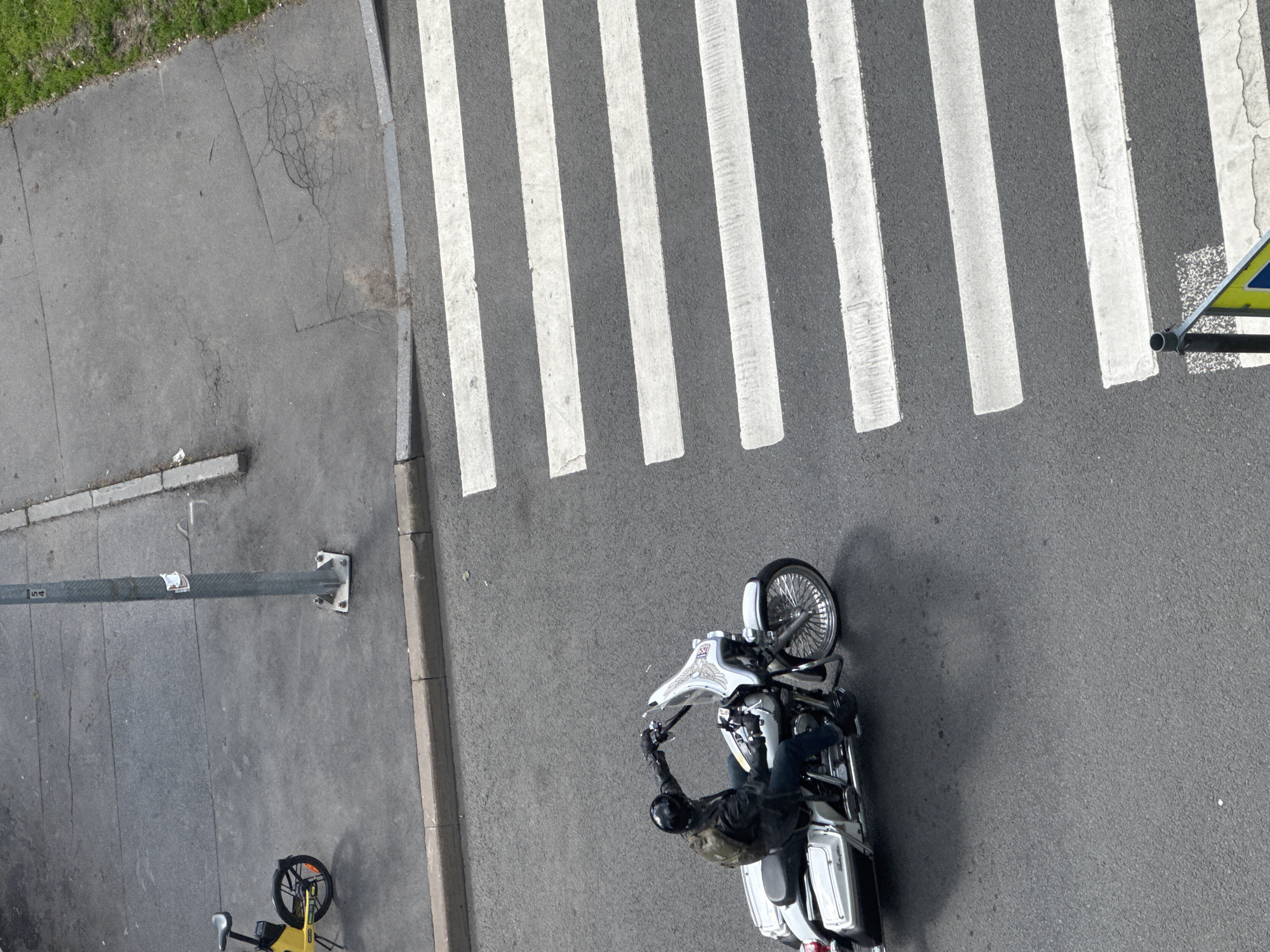 The image shows a high-angle view of a street scene in Saint Petersburg, Russia. In the foreground, a motorcycle rider wearing a black helmet and leather jacket is crossing a pedestrian crossing. The motorcycle is a large touring bike with a white fairing decorated with wing decals. The rider is wearing blue jeans and has a backpack on. The pedestrian crossing is marked with wide white stripes on a dark asphalt road. To the left of the motorcycle, on the sidewalk, is a yellow shared bicycle. A metal pole with a sign attached to it stands on the sidewalk next to the bicycle. The sidewalk itself is made of grey concrete and appears to be in a state of disrepair with visible cracks. Beyond the sidewalk, a strip of green grass is visible. The overall lighting suggests it is daytime.