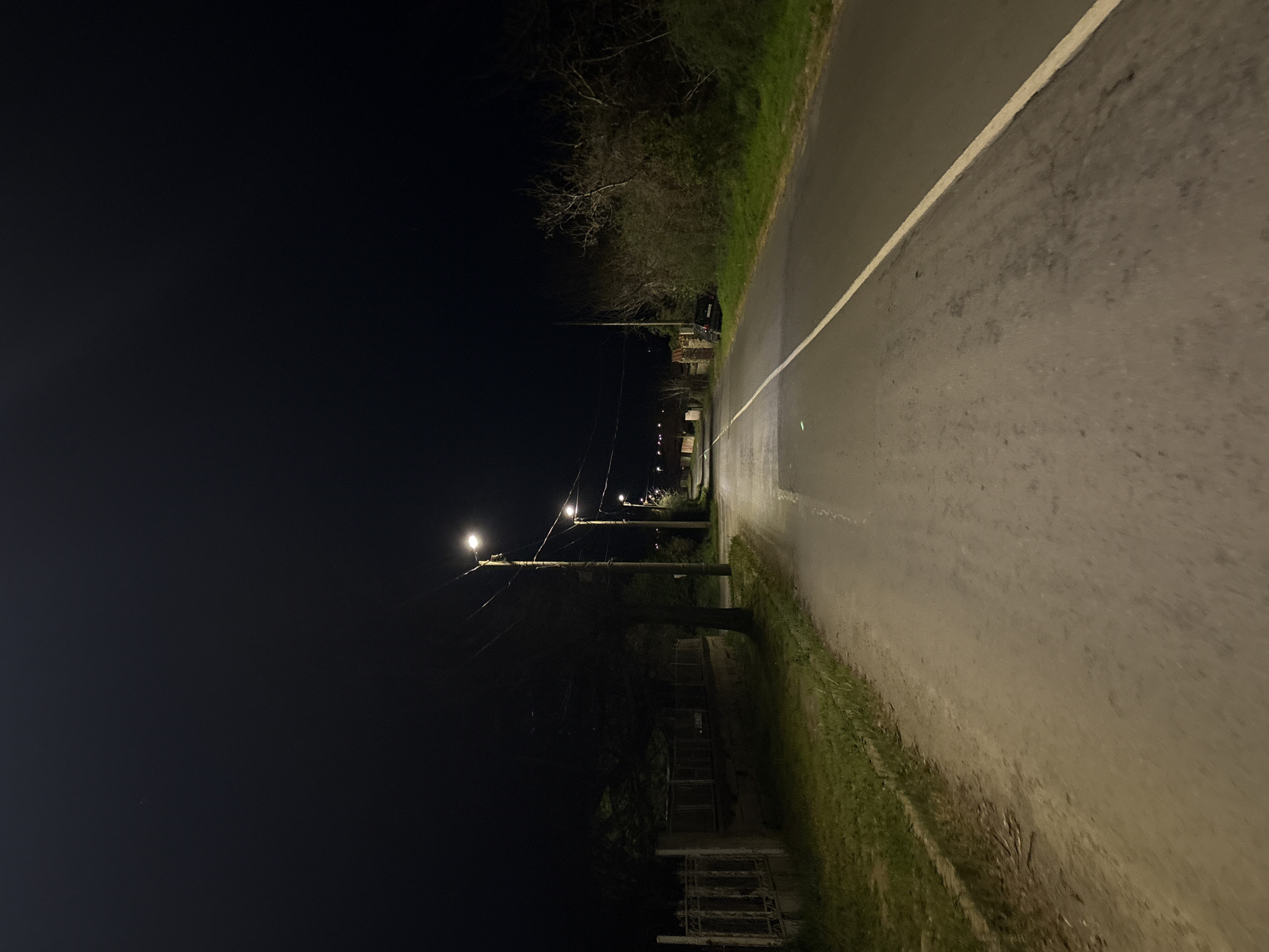 A nighttime scene depicts a paved road stretching into the distance, bisected by a solid white line. The road is flanked by grass and trees on the right side. Streetlights illuminate the scene from the left, casting light on the road. The left side of the image is predominantly dark. The location is potentially the city of Goritsa, Bulgaria. There are no people visible in the scene.