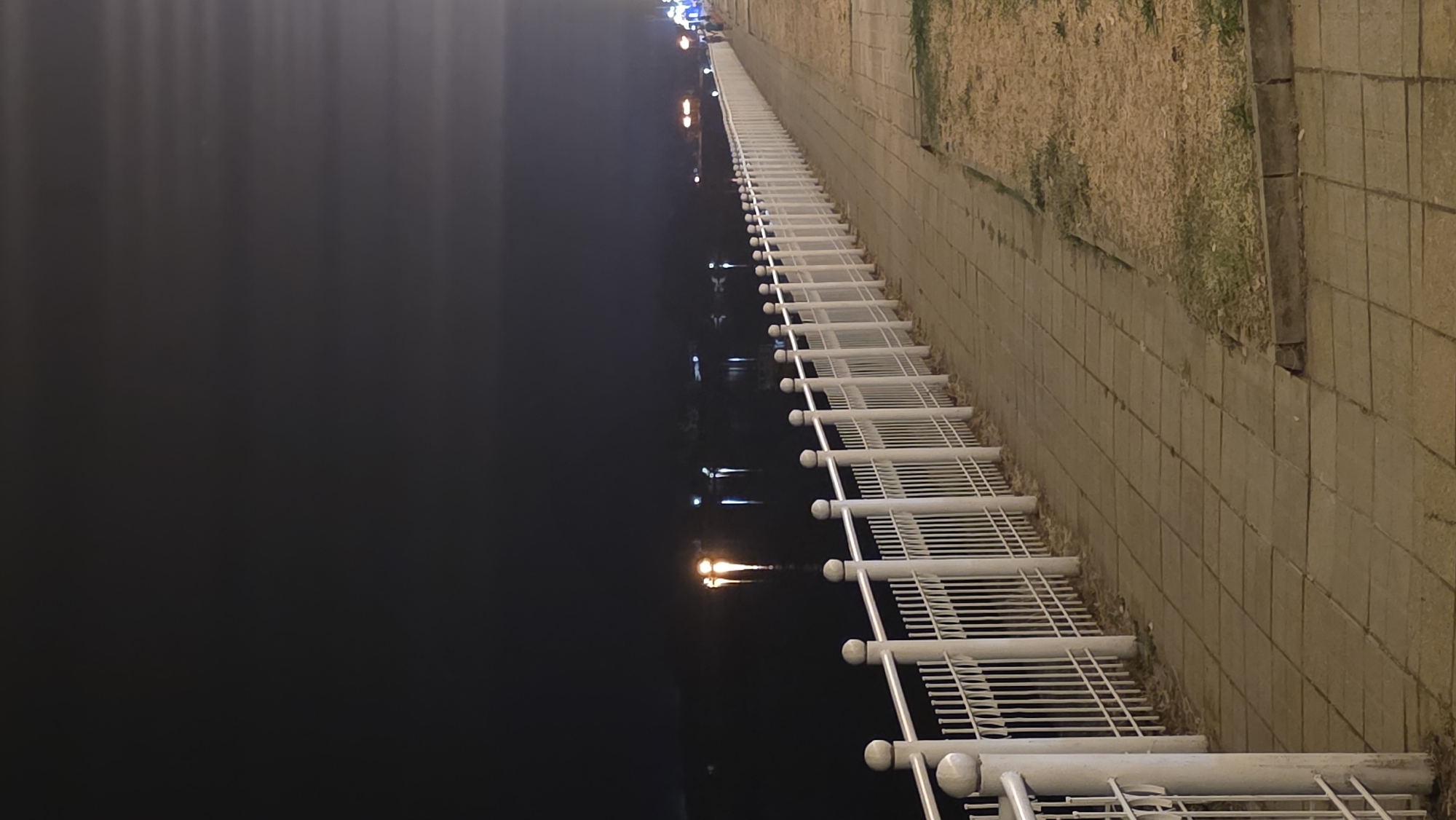 A nighttime photograph captures a paved walkway along the waterfront in Vidin, Bulgaria. A white metal railing with vertical slats and spherical finials lines the edge of the walkway, separating it from a dark body of water. Reflections of lights are visible on the water's surface, with a cluster of three bright, distinct lights appearing to be a prominent feature on the water. The walkway is made of square concrete pavers, and a strip of dry grass runs alongside it on the right. The sky is dark and overcast. Further down the walkway, in the distance, a few indistinct figures can be seen walking. The overall impression is of a serene, illuminated waterfront promenade at night.