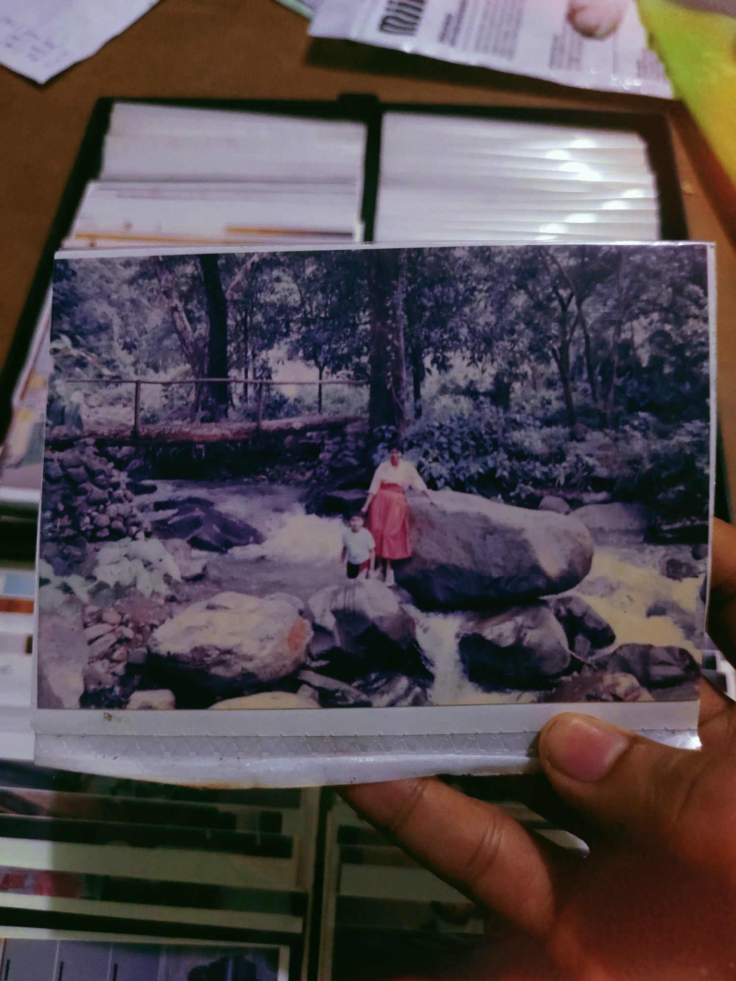 The image displays a natural riverine environment within Davao City, Philippines, featuring a rocky stream flowing through a dense forest. In the mid-ground, an adult female with dark hair, attired in a light-colored long-sleeved top and a long red skirt, stands to the right of a large, light-colored, smooth boulder in the stream. To her left and slightly forward, a young child, identified as a boy, wears a white t-shirt and dark shorts. Both individuals are standing near the water's edge, facing towards the flowing stream, appearing to be static for a photograph.
The stream contains numerous rocks and boulders of varying sizes, with visible currents and small cascades, indicating a lively water flow. A prominent, large, pale boulder is centrally positioned, partially submerged in the water. Above the stream in the background, a horizontal, rustic railing or fence, possibly constructed from metal pipes, traverses the scene, suggesting a designated viewing area or pathway. The background and banks of the stream are densely covered with tropical trees and undergrowth, forming a thick forest canopy. The scene is illuminated by natural daylight, indicating an outdoor setting in a natural park or similar recreational area.