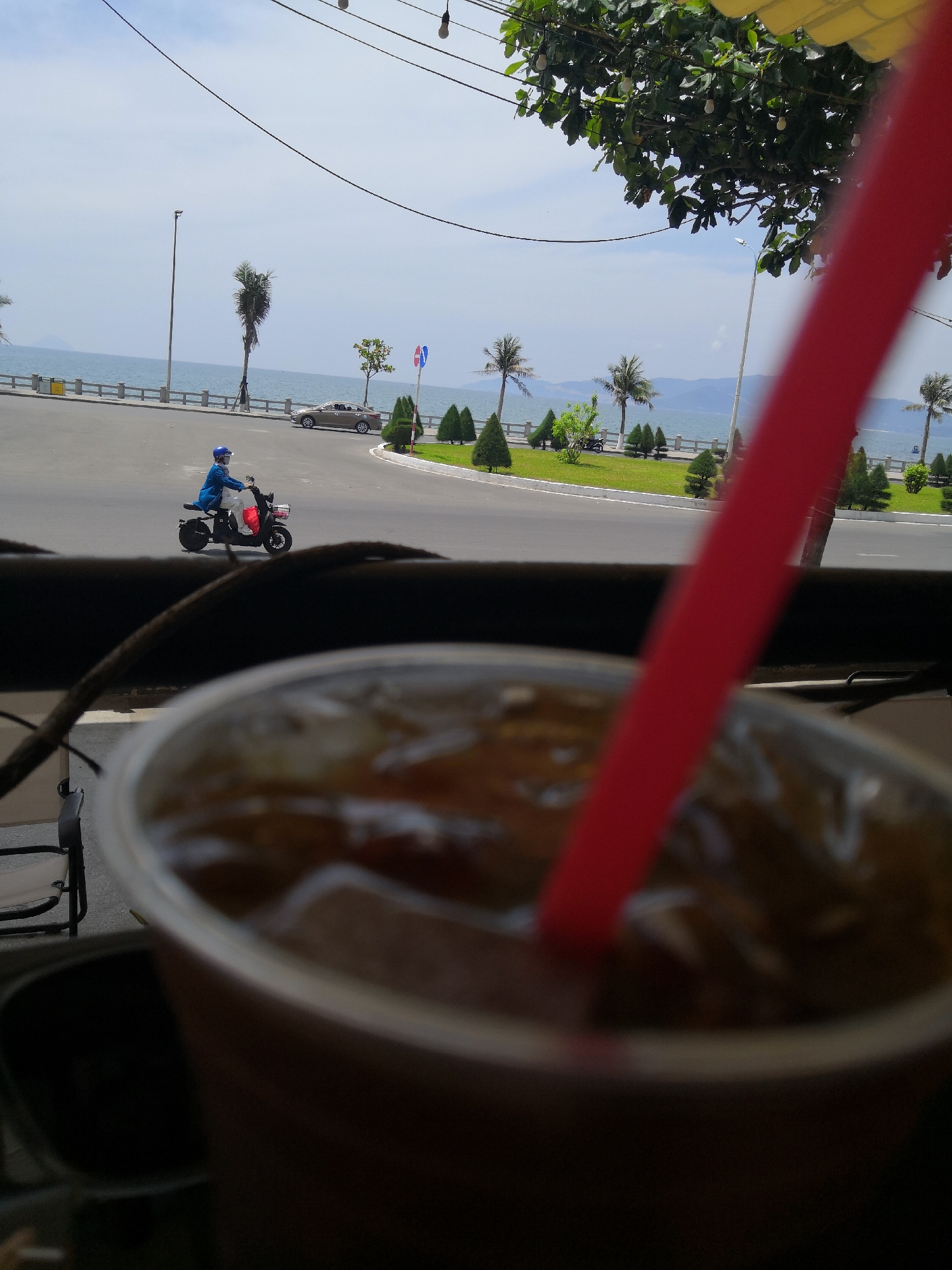 In the foreground, a close-up of a beverage in a clear plastic cup with ice and a red straw is visible, occupying the lower half of the image. The beverage appears to be a dark liquid, possibly coffee or tea. In the midground, a person wearing a blue jacket and a helmet is riding a black scooter along an asphalt road. The scooter has a red bag attached to the back. The road curves to the right, and a beige car is seen further up the road, also moving. A white barrier runs alongside the road, separating it from a grassy area with several small, conical evergreen trees and palm trees. Beyond the grass is the ocean, with a calm sea and a hazy mountain range in the distance. The sky is overcast with light clouds. Overhead, electrical wires and light fixtures are visible, along with the branches and leaves of a large tree, some of which are illuminated by yellow light. The scene is set in a coastal urban environment, likely Bac Nha Trang Ward, Vietnam, given the presence of palm trees, the ocean, and the style of road and urban planning.