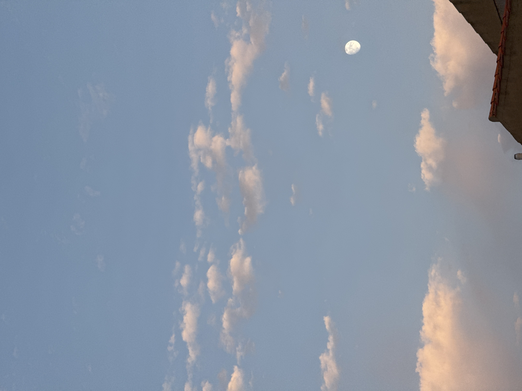 The image depicts a clear sky with scattered clouds, tinged with pink and orange hues suggesting either sunrise or sunset. A full moon is visible in the upper right quadrant of the sky. In the foreground, the roofline of a building is visible, with terracotta tiles and part of a brown wall. The scene appears to be an outdoor view from a residential area in Torrevieja, Spain. There are no people or animals visible in the image.
