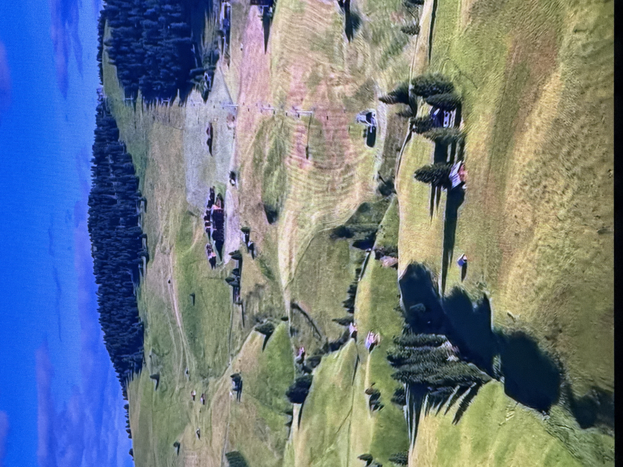 The image depicts a sweeping aerial view of a mountainous, rural landscape with scattered buildings and a ski lift. The terrain is characterized by rolling green hills, with patches of dry, golden grass. Dense evergreen forests cover the upper slopes and parts of the lower hills.
Several small, traditional-style buildings, appearing to be houses or barns, are visible throughout the landscape. Some are clustered together, while others are isolated. A prominent ski lift with several towers and cabins is ascending a grassy slope, suggesting the area is used for winter sports. The sky is a vibrant, clear blue with a few wispy clouds.
This scene is not located in Dubai, United Arab Emirates, which is a modern, desert metropolis known for its skyscrapers and artificial islands. The environment in the image is clearly mountainous and temperate, starkly contrasting with Dubai's arid climate and urban development.