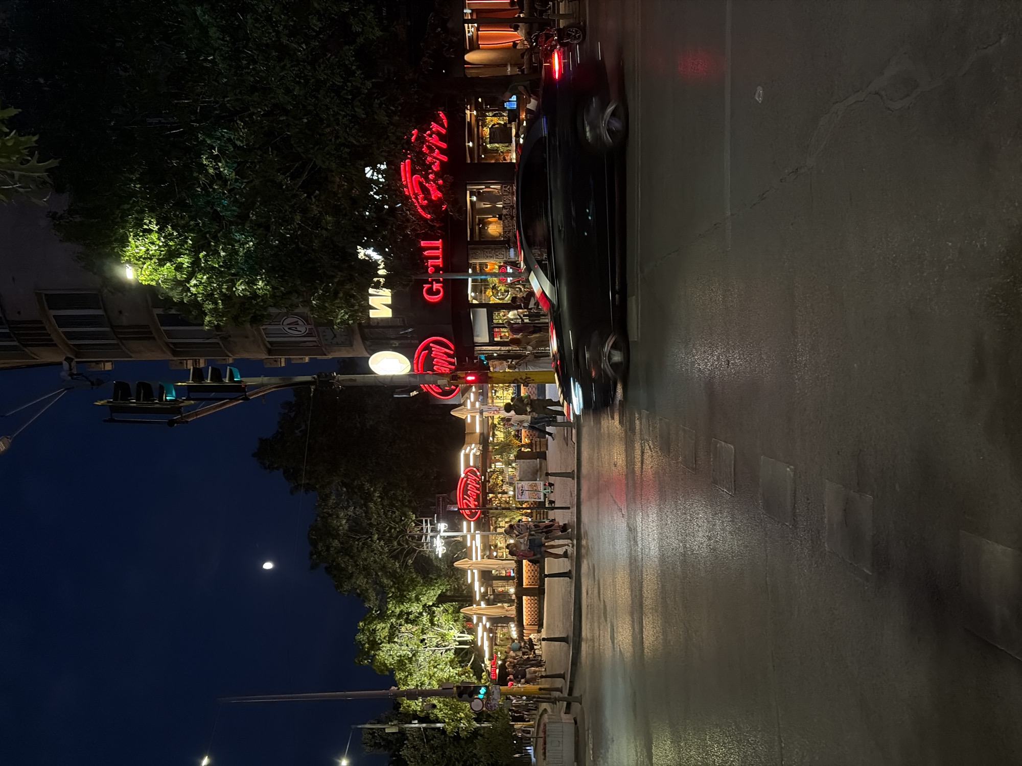 This is a nighttime, low-angle shot of a city street in Sofia, Bulgaria, with a car blurred by motion in the foreground. The street is wet, reflecting the bright neon signs of businesses lining the road. In the background, a building with windows curves to the left. A red neon sign spells out "Happy Grill," with another "Happy" sign to its left. People are visible walking on the sidewalk and in front of the establishment. Trees with illuminated foliage are present, and a traffic light is visible on the right. The moon is visible in the dark blue sky.