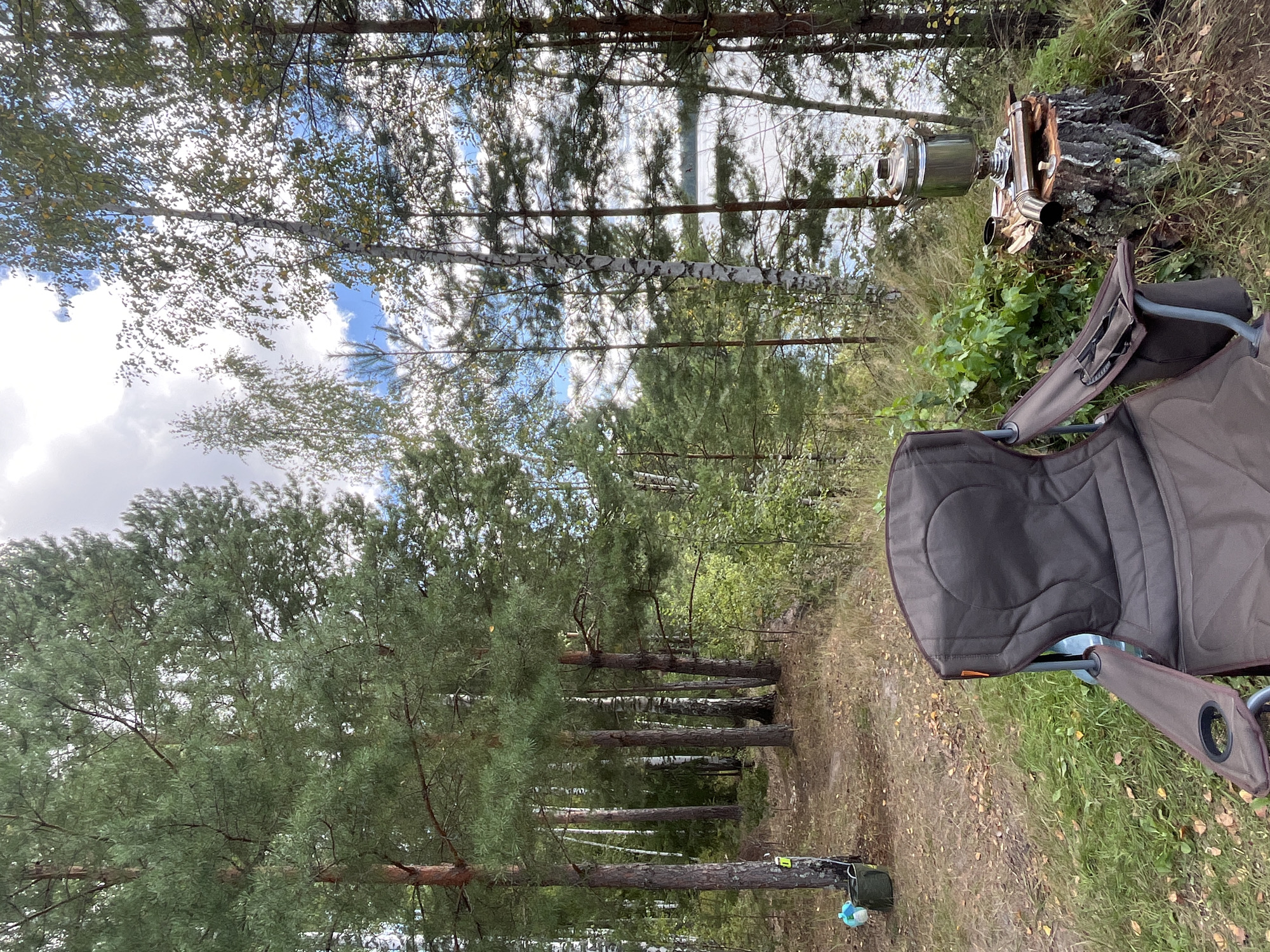 This is a full, eye-level shot of a campsite by a lake in Novyi, Russia. In the foreground, a brown camping chair is set up on a grassy area. To the right of the chair, a silver samovar sits on a tree stump, accompanied by a small cup and what appears to be a stove pipe. Beyond the campsite, a tranquil lake is visible through a dense forest of pine and birch trees. The sky above is partly cloudy, with patches of blue visible. The ground is covered in dry leaves and grass, indicating it might be autumn. There are no people visible in the image.