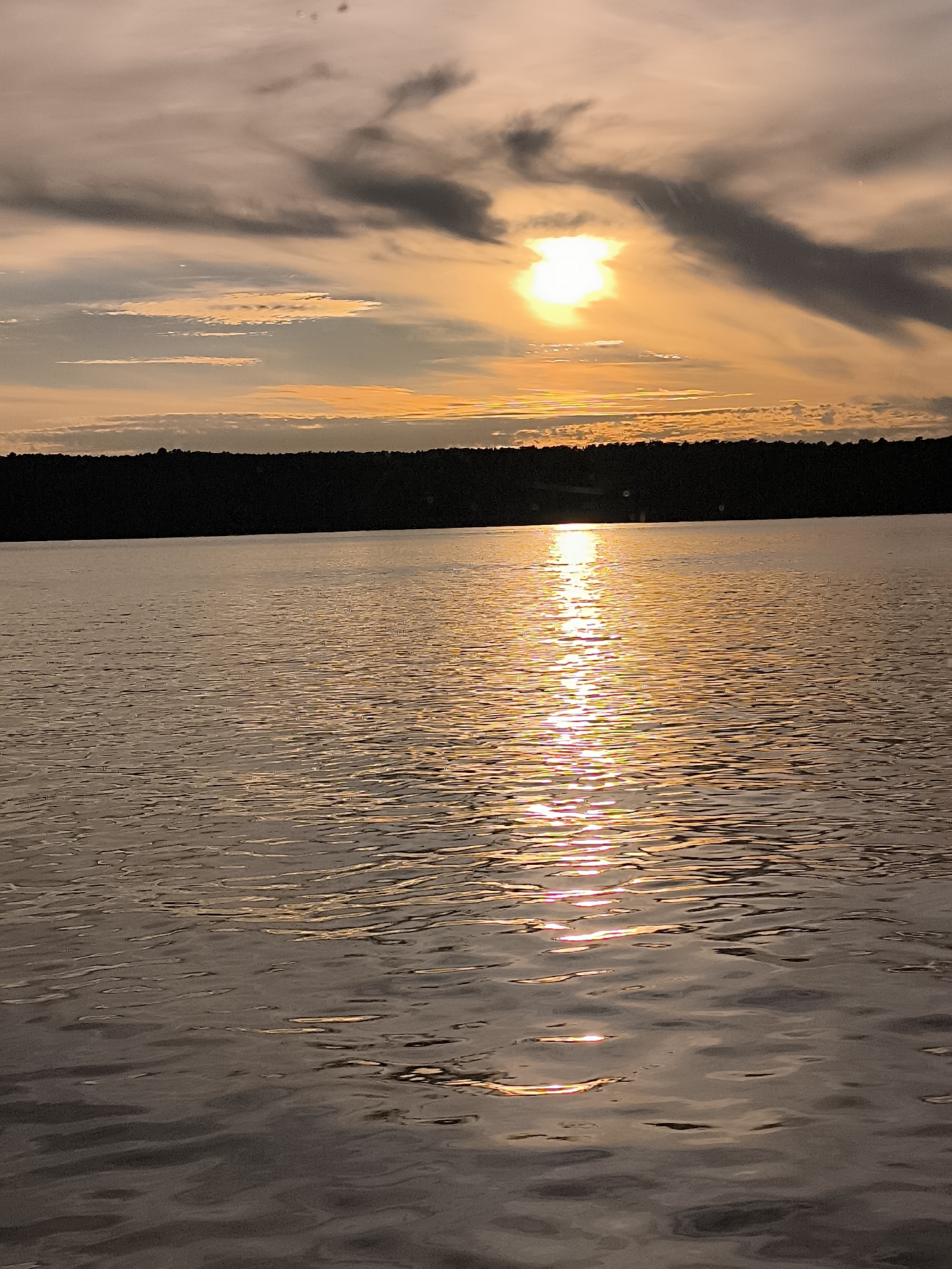 A sunset over a calm body of water, likely a lake or bay, is depicted. The sky is filled with a mix of soft orange, pink, and grey clouds, with the sun a bright, diffused orb near the horizon. A dark, silhouetted tree line forms the distant shore. The water reflects the warm colors of the sky and the sun's glow, creating a shimmering path of light. The scene appears to be a natural landscape, possibly a park or recreational area. Based on the provided context, this scene is located in Neringa, Lithuania.