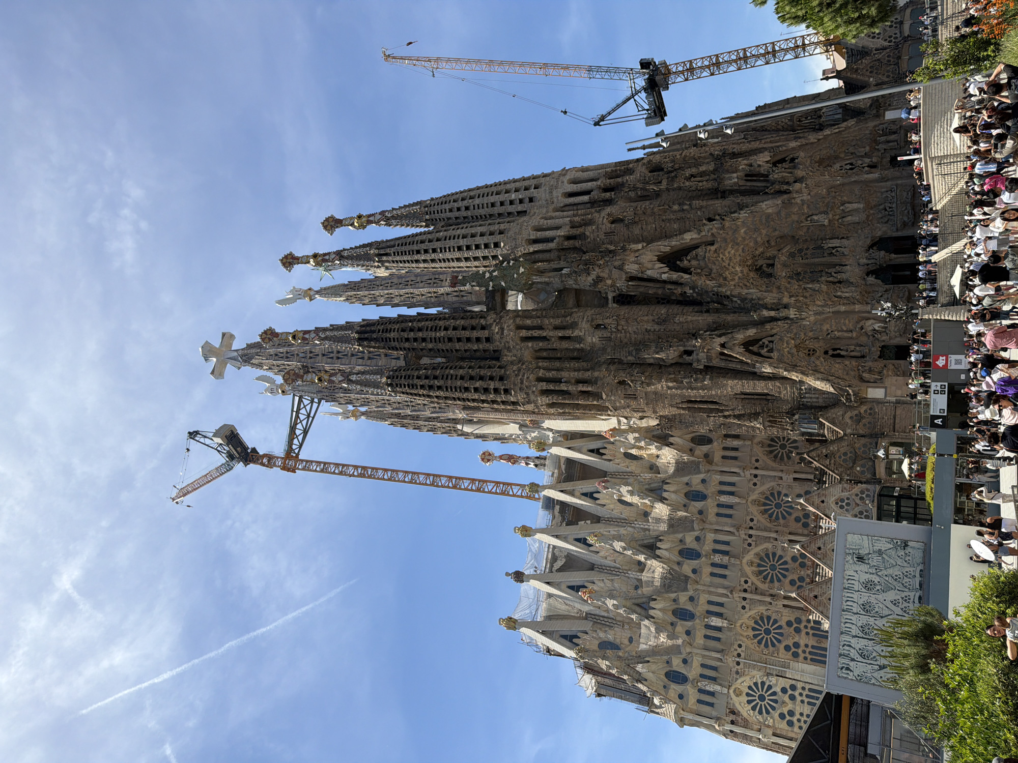 The photograph captures a low-angle, wide shot of the Sagrada Familia basilica in Barcelona, Spain, under a clear blue sky with scattered clouds. The iconic basilica, still under construction, dominates the frame with its intricate Gothic and Art Nouveau architecture. Multiple towers are visible, some adorned with decorative elements and topped with crosses. Several construction cranes are prominently positioned around and above the basilica, indicating ongoing work. One large orange construction crane is positioned to the right of the basilica, and another taller crane is visible to the left.
In the foreground and midground, a large crowd of people are gathered. They are mostly tourists, dressed in casual summer clothing, with many holding phones and cameras. Some individuals are walking, while others are standing and looking at the basilica. A few white umbrellas are scattered among the crowd, providing shade. The ground level includes paved walkways and some landscaping with greenery and flowering plants. A large tiled mural is displayed on a structure to the left of the main entrance area. The overall scene depicts a busy tourist attraction with significant ongoing construction.