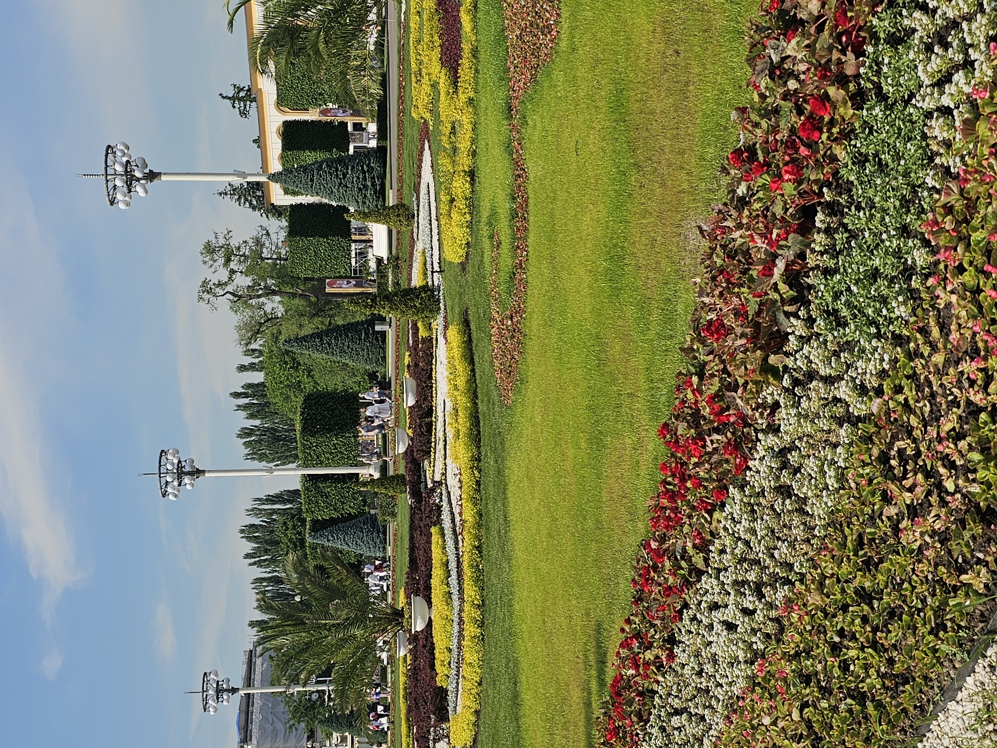 This forensic description details a bright, sunny daytime scene at VDNKh (Exhibition of Achievements of National Economy) in Moscow, Russia. The image captures a meticulously maintained park with extensive floral displays, manicured lawns, and architectural elements under a clear blue sky with sparse white clouds.
In the immediate foreground, a multi-layered flower bed is visible. The closest row features small plants with light green and pinkish leaves, followed by a dense row of small white or very light green flowers, and then a vibrant strip of red Begonia flowers with dark green foliage. To the right, a section of short, well-manicured green grass extends into the mid-ground.
The mid-ground showcases a large expanse of vibrant green lawn, interspersed with elaborate, geometrically patterned flower beds. These beds form curving and irregular shapes, filled with distinct sections of bright yellow foliage plants, dark red or purple-leafed plants, and additional white or light green flowering plants. Several small, conical evergreen trees are strategically placed within these floral arrangements. Two large, white, decorative planters, each containing a small palm tree, are centrally located within the patterned beds.
In the background, a wide paved pathway is discernible, along which numerous individuals are seen walking. Beyond the pathway, a variety of trees and shrubs create a green backdrop. This includes tall, slender columnar trees (likely poplars), well-trimmed rectangular hedges, and several larger conical evergreen trees. Two prominent, very tall lampposts, each topped with a ring of multiple spherical white lights, stand against the sky in the mid-background. A third similar lamppost is partially visible on the far left. On the right side of the background, a large building with a light-colored facade, multiple arched windows, and yellow decorative trim is visible, likely one of VDNKh's pavilions. On the far left, a structure appears to be under construction or renovation, partially obscured by a grey covering. The overall environment suggests a bustling public park or exhibition ground designed for leisurely strolls and viewing decorative landscapes.