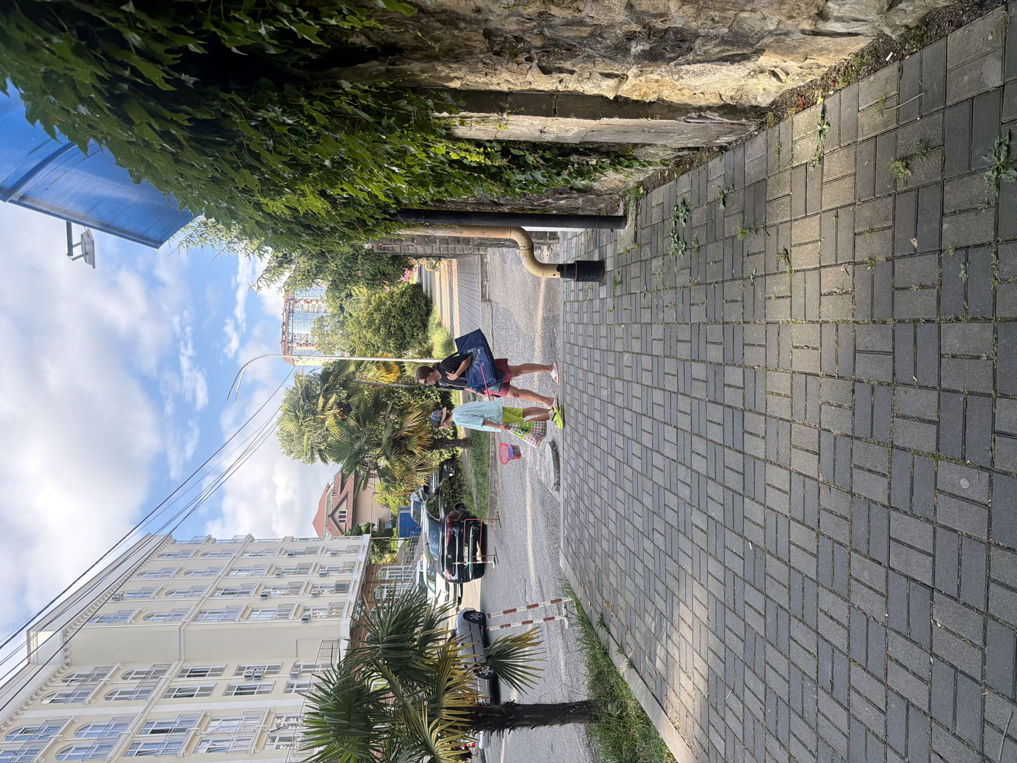 Two individuals, appearing to be children, are walking along a paved sidewalk lined with greenery and a stone wall. The person in front is wearing a light blue shirt, shorts, and a hat, carrying a colorful bag. The second person, slightly behind, has a darker outfit and a large blue bag. They are walking away from the viewer, towards a street with parked cars.
The scene appears to be set in a residential area, with a multi-story building visible on the left and a house with a red roof further down the street. Palm trees and other lush vegetation suggest a warm climate. The sky is blue with scattered clouds, indicating pleasant weather, likely daytime. A blue awning is visible overhead on the left side of the image. There is a metal pipe extending from the wall along the sidewalk.
The overall impression is one of a casual stroll in an urban or semi-urban environment, possibly during a vacation or a day out. The image is oriented vertically, making it a portrait-style photograph.