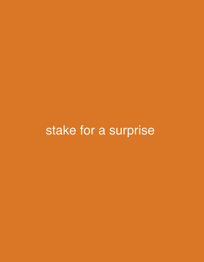 The image shows the text "stake for a surprise" centered on a solid orange background. There are no visible people, subjects, objects, actions, interactions, or identifiable environment details to link this to the city of Varna, Bulgaria.