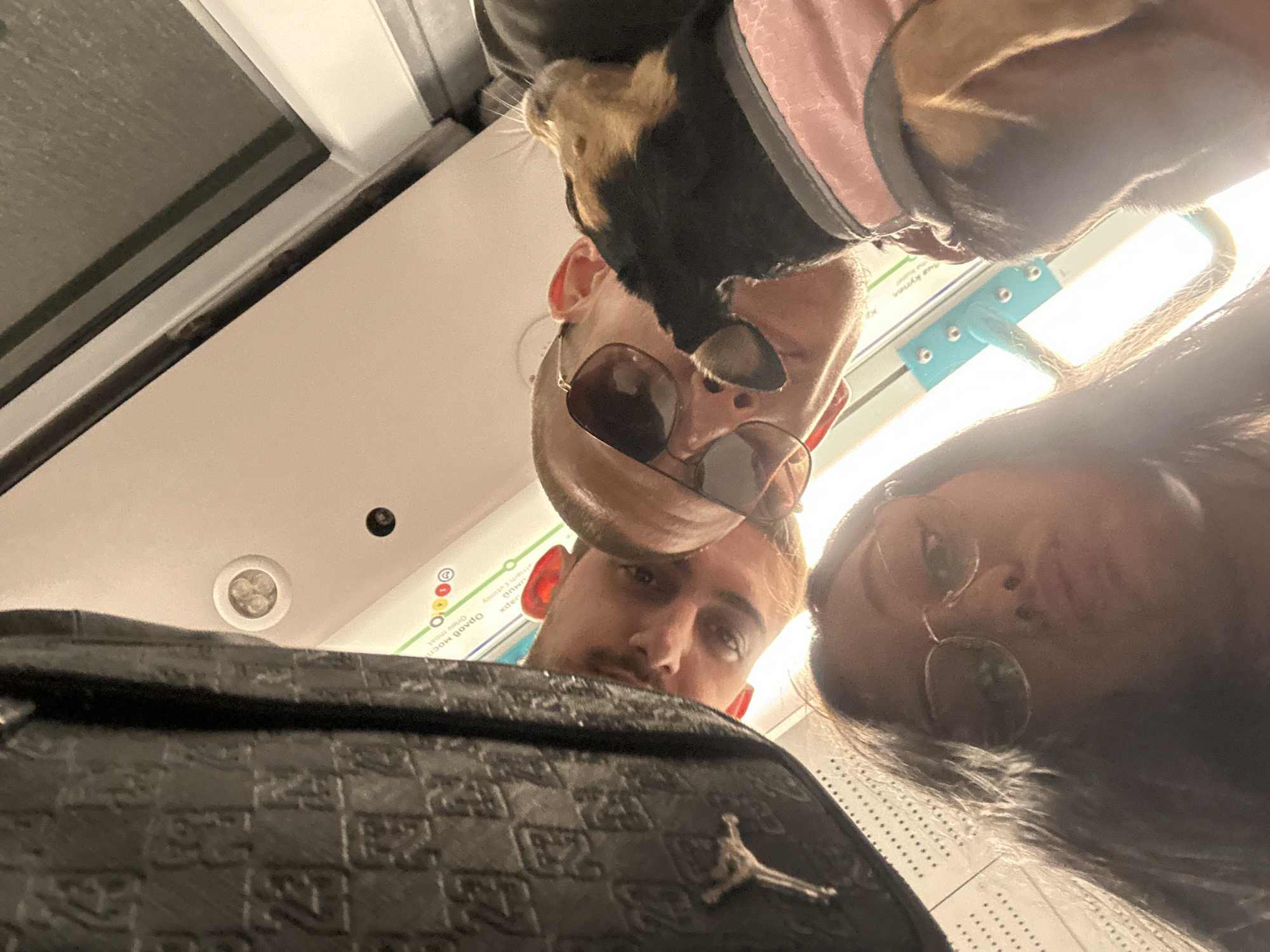 The image is a close-up, low-angle selfie taken inside a public transport vehicle, likely a metro train in Sofia, Bulgaria, given the Cyrillic text visible on a map in the background. Three individuals and a small dog are the primary subjects. In the foreground, on the left, is a person wearing glasses and a dark top, with dark hair. To their right, a person wearing sunglasses and a dark top is visible. A small dog, wearing a pink harness, is positioned between these two individuals, looking towards the person with sunglasses. The background of the image shows a section of the train interior, including a map with Cyrillic lettering, overhead lights, and a metal pole. The perspective suggests the photo was taken from a low vantage point, possibly from someone sitting or lying down. The lighting appears to be artificial, consistent with an indoor environment.