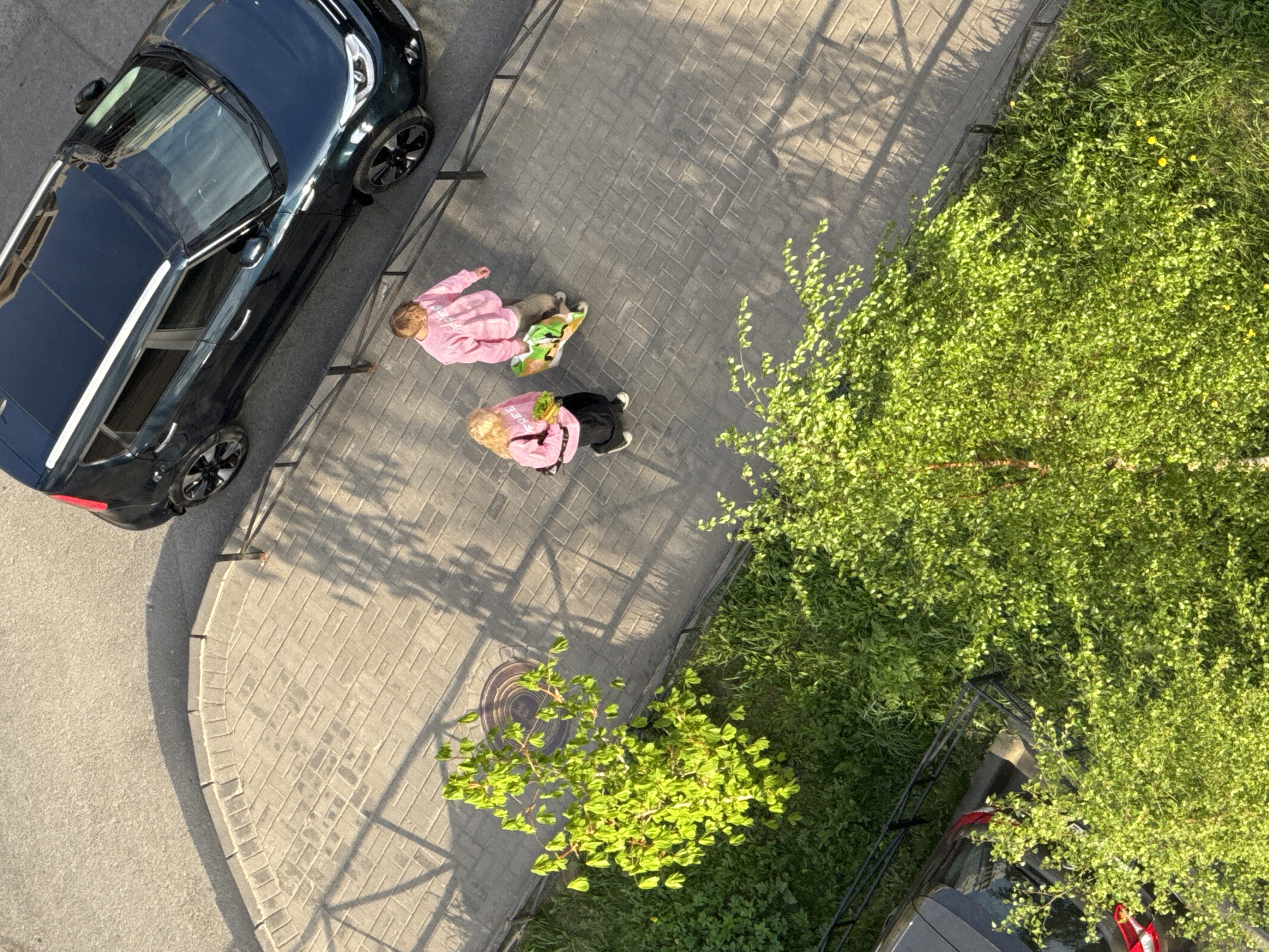 The scene is an aerial view of a paved area in what appears to be Saint Petersburg, Russia, indicated by the architectural style and vegetation. A black car is parked along the edge of the paving. Two individuals wearing pink hoodies are standing on the pavement next to the car. One is carrying a colorful bag. A metal railing runs along the edge of the pavement, separating it from a grassy area with various plants and trees. A round sewer cover is visible in the paving near a small tree. Another car can be seen in the lower right corner, partially obscured by vegetation.