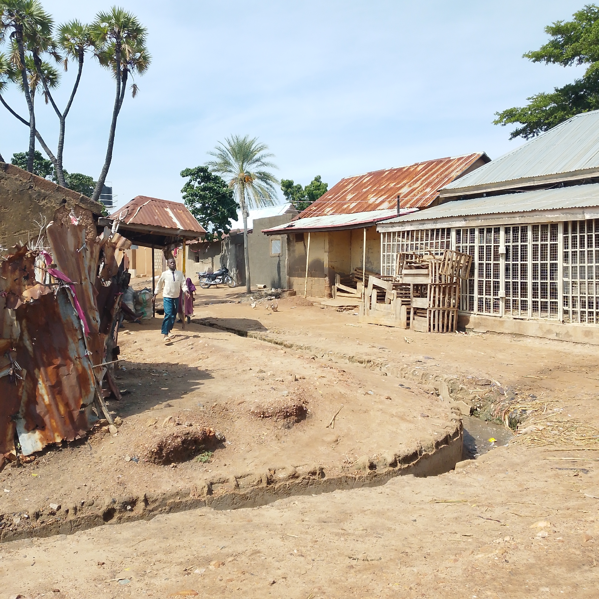 The image depicts a dusty street scene in Pantame, Nigeria. A man in a light-colored shirt and blue trousers walks away from the camera, his gaze directed towards the right. To his left, a woman in a purple garment walks beside him, also facing away. Behind them, a motorcycle is parked near a building with a metal-roofed structure attached. The foreground is dominated by dirt and debris, with a shallow trench running across the scene, revealing a small amount of water and some discarded material. In the background, several buildings with corrugated metal roofs are visible, along with palm trees reaching towards a clear blue sky. The overall environment appears to be a residential or semi-developed area, characterized by its unpaved roads and modest structures.
