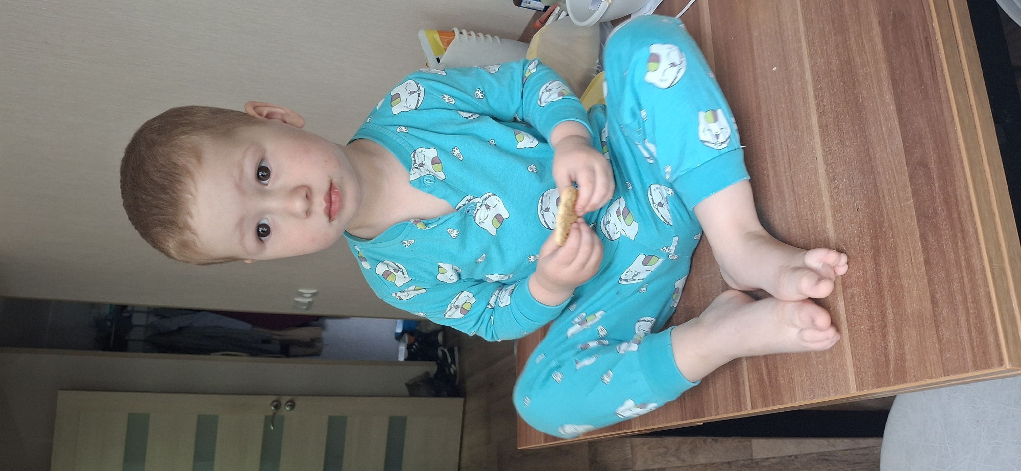 A young child, appearing to be a toddler or preschooler with light brown hair and dark eyes, is captured in a close-up, slightly overhead shot. The child is wearing a teal-colored long-sleeved pajama set patterned with white cartoon cat faces and other small grey shapes. They are sitting on a brown, wooden-patterned surface, which appears to be a table or countertop, with their legs bent and bare feet visible.
The child is holding a light-colored, roundish cookie in their right hand, with their left hand also near it, suggesting they are about to eat it or have just taken a bite. There is a small smudge near their mouth. The child looks directly at the camera with a neutral, slightly inquisitive expression.
The background is softly blurred but reveals an indoor setting. To the left, part of a light-colored wardrobe or cabinet with horizontal striped panels and circular handles is visible. Further back, out-of-focus household items or clothing can be seen. The lighting appears soft and natural, typical of an indoor daytime scene. No visible text is present in the image. The location context provided is Chaikovsky, Russia.