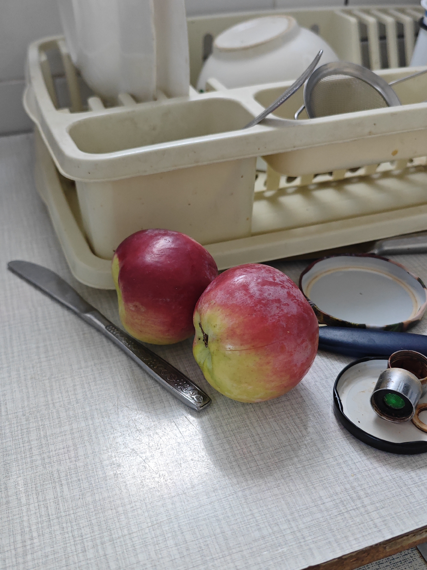 The image depicts a kitchen counter with a dish drying rack in the background. On the counter, there are two red and yellow apples, a silver knife, a jar lid, and what appears to be part of a faucet assembly with a green component. The scene is set on a light-colored, textured countertop. The lighting suggests an indoor environment, possibly in a home kitchen. There is no visual information to indicate the specific location within the city of Yartsevo, Russia.