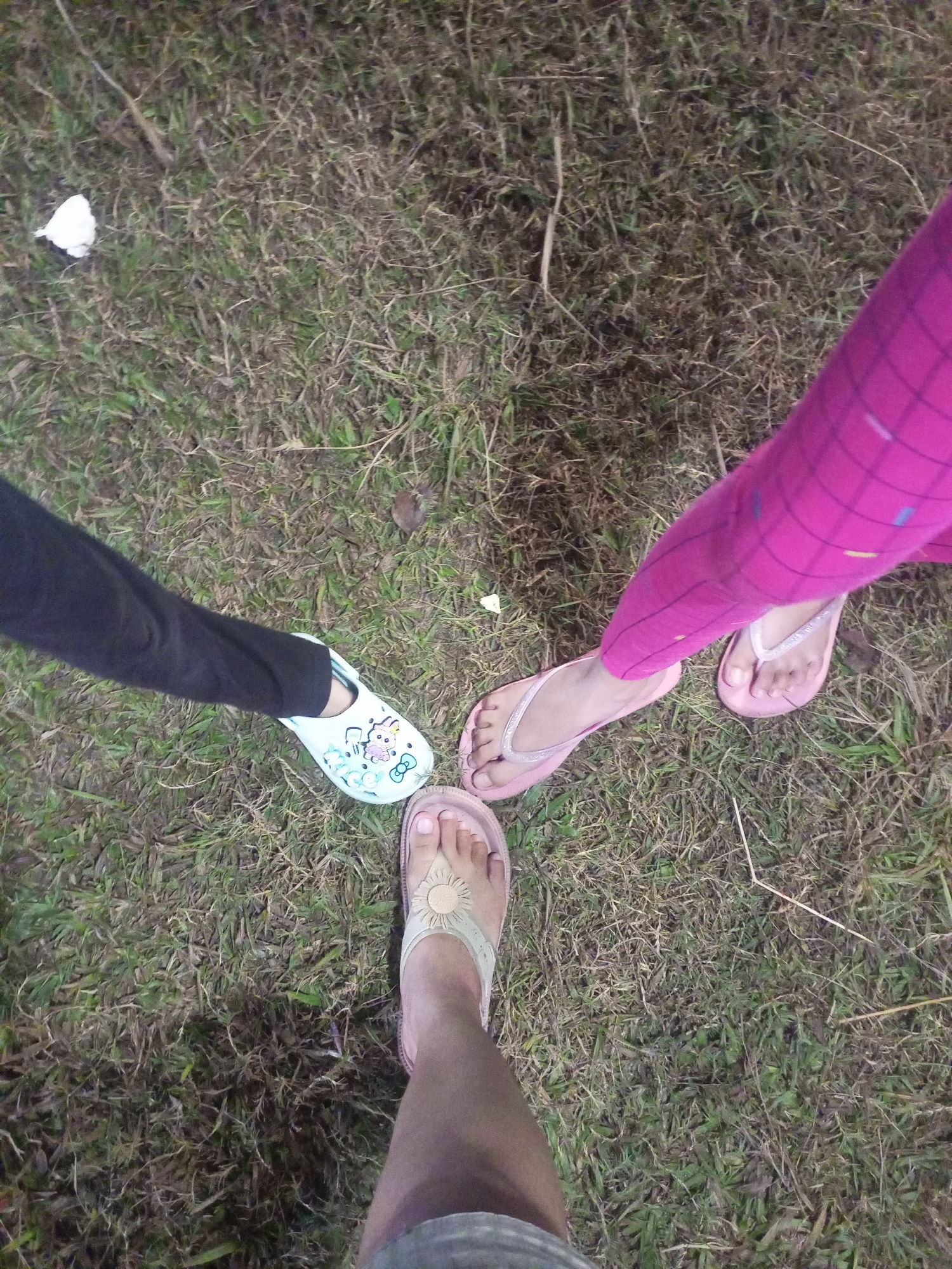 Three individuals' feet, wearing different footwear, are visible from a top-down perspective, arranged in a triangular formation on a grassy area. The individual on the left wears a black legging and a light blue clog adorned with cartoon characters. The individual on the right wears pink checkered leggings and pink flip-flops. The third individual, positioned at the bottom, is wearing light-colored shorts and a light-colored sandal with a floral design. The ground is covered in dry and green grass with some scattered debris. There is a crumpled white object in the upper left quadrant of the image. The lighting suggests it is either dusk or a dimly lit area. The scene appears to be outdoors, on a lawn or park.