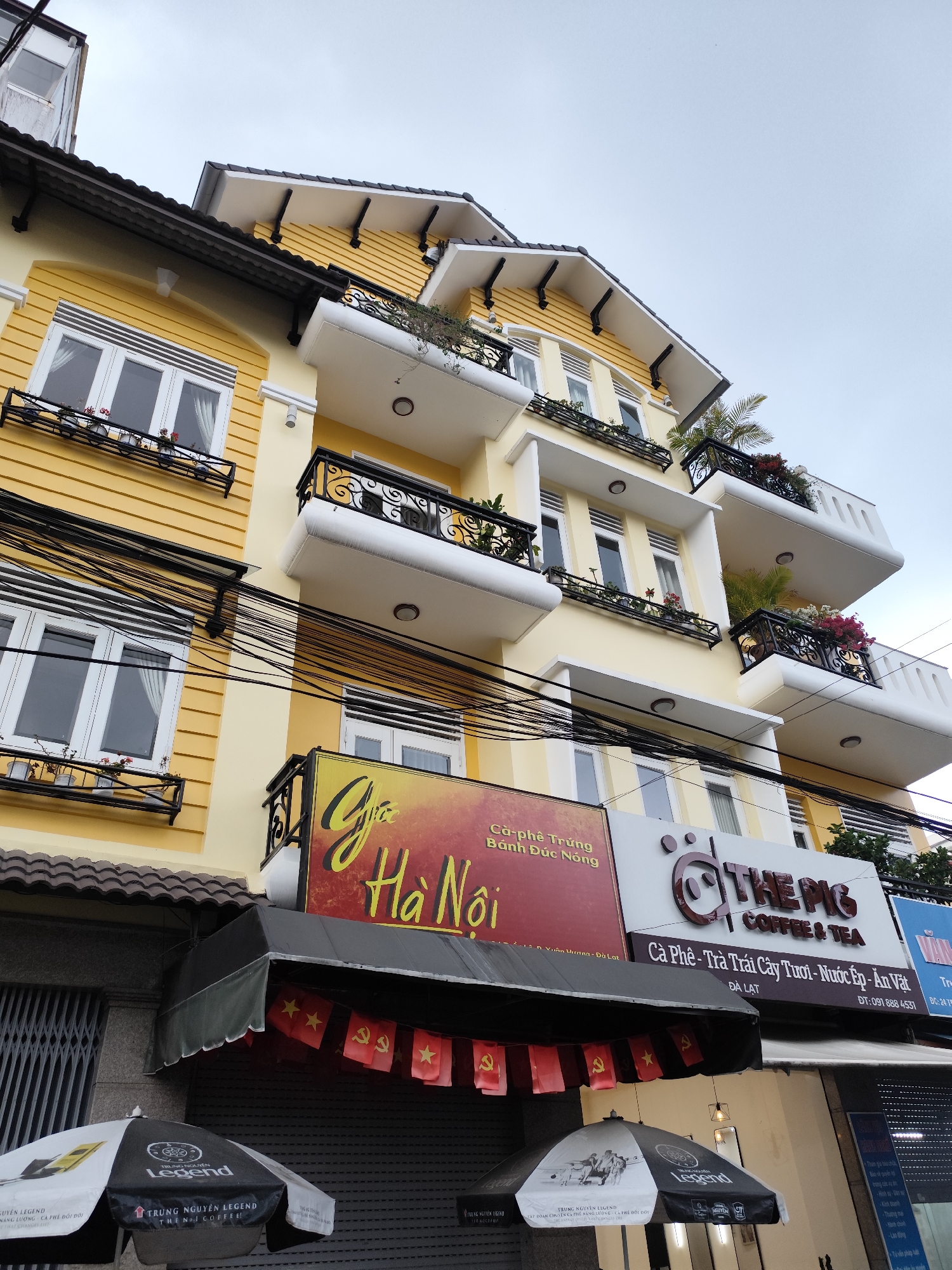 An eye-level shot captures a vibrant yellow building in Da Lat, Vietnam, under an overcast sky. The multi-story structure features several balconies with ornate black railings and potted plants, along with numerous white-framed windows. Black power lines crisscross horizontally across the mid-section of the building, adding to the urban street scene.
At the ground level, two shop awnings are visible. One shop, partially visible on the left, has a red and yellow sign featuring the Vietnamese text "Cà phê Trứng Bánh Đúc Nóng" (Egg Coffee Hot Banh Duc) and "Giấc Hà Nội" (Dream of Hanoi), with "Da Lat" mentioned below. The other shop, on the right, has a white sign displaying "THE PIG COFFEE & TEA" and advertises "Cà Phê - Trà Trái Cây Tươi - Nước Ép - Ăn Vặt" (Coffee - Fresh Fruit Tea - Juice - Snacks), also noting "ĐÀ LẠT" as its location and a phone number "ĐT: 091 888 4531". Beneath these signs, two black-and-white umbrellas are open, bearing the logo and text "TRUNG NGUYÊN LEGEND THE NO.1 COFFEE!" and "TRUNG NGUYÊN LEGEND CÀ PHÊ NĂNG LƯỢNG CÀ PHÊ ĐỐI ĐỜI". A string of small red flags, alternating between a yellow star (Vietnamese flag) and a yellow hammer and sickle (Communist Party of Vietnam emblem), hangs beneath the left awning. The scene suggests a commercial area with cafes or restaurants, likely bustling during daytime despite the cloudy weather.