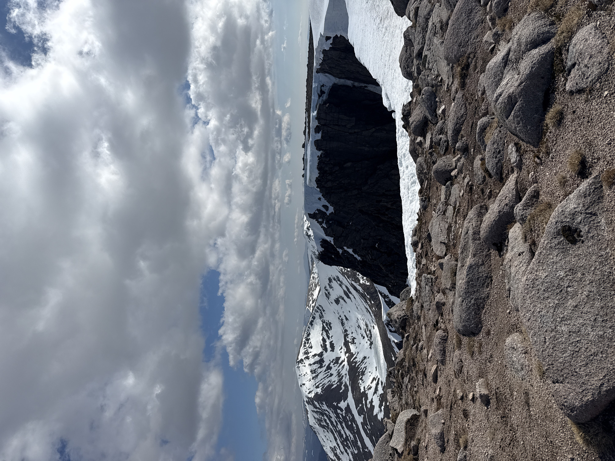 The image captures a mountainous landscape with a steep drop-off. The sky is filled with clouds, and patches of blue are visible. There is a large rocky outcrop partially covered in snow. On the right side of the image, there is rocky terrain consisting of large boulders and gravelly ground. The location is in an unknown city and unknown location.