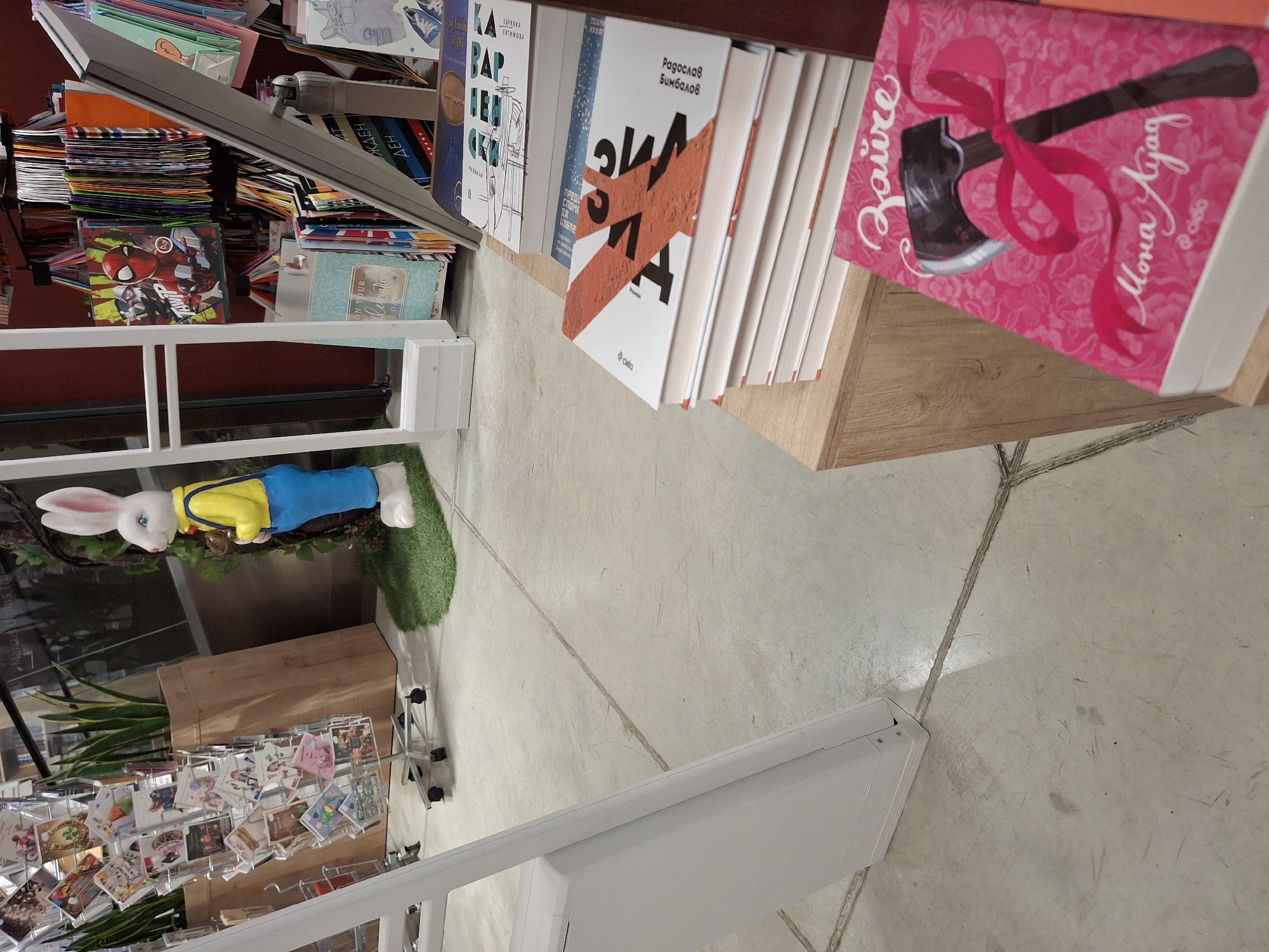 The image shows a display of books in a bookstore or library, alongside decorative objects and a greeting card display. A white, stylized bunny figure wearing a yellow shirt and blue pants lies on a patch of artificial green turf near the bottom left of the frame. Below the bunny is a rack of greeting cards. The main focus is a selection of books on a wooden shelf. The books vary in color and design, with several featuring distinctive covers. One book in particular has a bright pink cover with a stylized axe and the title "Zaire Mona Ayag". Other books have titles such as "Bap", "Здравка Евтимова", "Радослав Бимбалов", and "ПРЕД СПОМЕ ИЗБЛЕ". A tall stack of what appears to be cards or smaller books is also visible. The environment is simple, with a light-colored floor. No people are visible in the image.