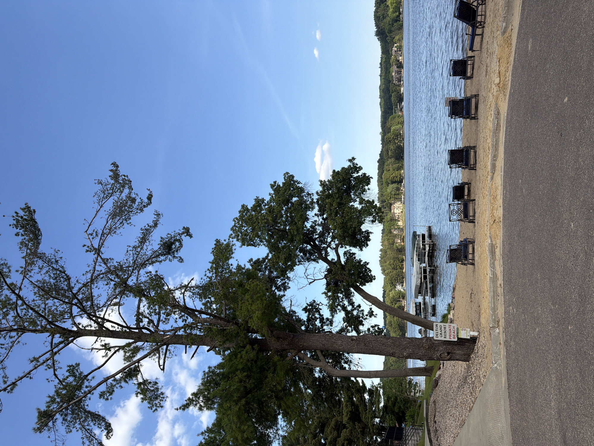 An outdoor scene captures a tranquil lakeside view on a clear, sunny day. The image, originally rotated, depicts a sandy beach stretching along the edge of a calm body of water, likely a lake. Dark-colored, ornate metal chairs are neatly lined up on the sand, facing the water, suggesting a resort or recreational area.
On the left side of the frame, several large trees dominate the foreground. One prominent, tall tree with a slender trunk and sparse branches extends upwards, while another, fuller tree with dense foliage stands beside it. The bright blue sky, dotted with a few wispy white clouds, is visible through the tree canopy.
Across the water, the opposite shoreline is characterized by rolling hills densely covered in green trees, with various buildings or houses nestled among the foliage. A dock structure with several moored boats or boat lifts is visible further down the beach.
Running parallel to the sandy strip is a paved pathway, separating the beach from a section of gravel and rocks near the base of the trees. A notable detail is a white sign attached to one of the tree trunks, displaying red and black text that reads "DELTON GRAND RESORT PRIVATE BEACH" with a smaller "ATTENTION" sign below it, indicating private access.
The overall impression is one of peaceful serenity, with no people visible, allowing the natural beauty and the inviting atmosphere of the lakeside setting to take center stage. The clear blue sky and calm water suggest pleasant weather conditions, likely during the day.