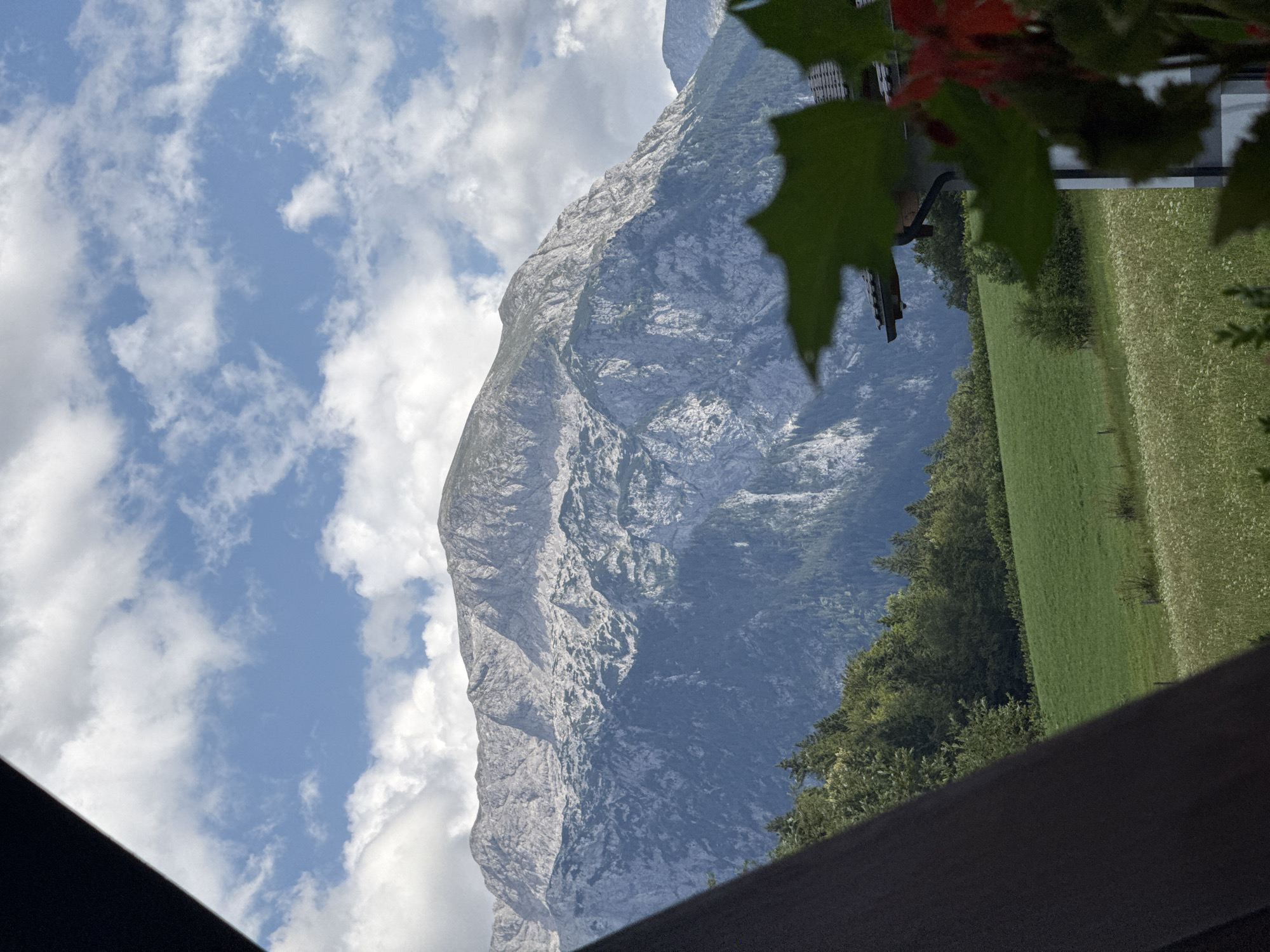 The image captures a scenic mountain landscape in Bischofswiesen, Germany. In the foreground, a dark, textured surface, possibly a roof overhang or balcony railing, occupies the left side, obscuring a portion of the view. To the right, blurred green leaves and hints of red foliage create a natural frame, with a portion of a building's roof visible beneath them.
The midground features rolling green fields, dotted with wildflowers, and a dense treeline of evergreens. Beyond the fields, a majestic mountain range dominates the background. The mountains are characterized by their rugged, rocky slopes, with patches of snow or light-colored rock interspersed with dark, forested areas. The sky above is a mix of blue patches and fluffy white clouds. The overall impression is one of a tranquil, natural environment.