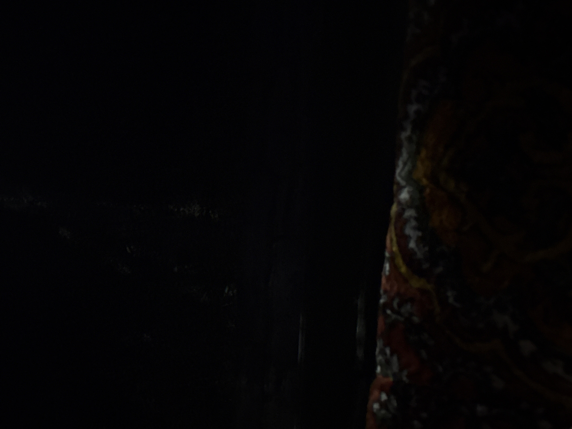 The image shows a dark, indistinct scene with a textured surface in the foreground and a blurry, dark area in the background. The foreground texture appears to be a patterned fabric, possibly a carpet, with discernible colors like red, yellow, and dark brown. The background is largely black, with some faint lighter areas that could be reflections or distant lights. The overall impression is of a dimly lit interior or a night scene. There are no discernible people, specific objects, or clear actions taking place. The location within Vostok, Kyrgyzstan, cannot be determined from the visual information provided.
