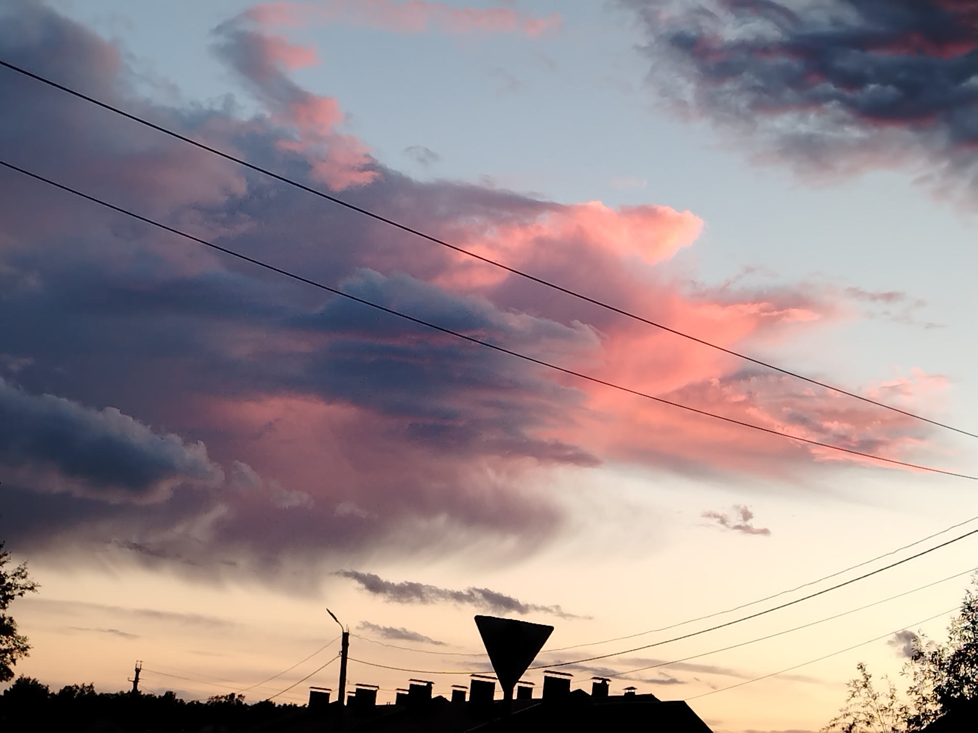 The image presents a vibrant, multi-hued sky at dusk or dawn, dominated by pink and purple clouds. Three parallel power lines stretch across the upper half of the frame. Below, the silhouettes of buildings, chimneys, and a road sign punctuate the horizon line. The silhouetted forms of trees are visible at the edges. The location is identified as Noviy, Russia. The scene lacks any depiction of people, actions, or direct interactions. The focus is on the interplay of natural elements (sky, clouds, trees) and man-made structures in an urban setting.