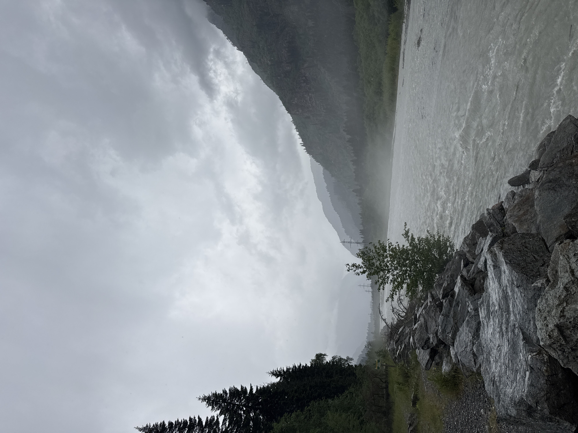 This is a photograph taken in the city of Verkhne-Teberdinskoye Rural Settlement, Russia, showing a natural landscape on an overcast day. In the foreground, large, grey rocks line the bank of a wide, turbulent river. The river's surface is a muted grey, with visible whitecaps indicating strong currents. To the left of the riverbank, a path is visible, leading to a cluster of tall, dark green coniferous trees. A small, light green tree stands near the edge of the river. Further into the background, the river flows through a valley flanked by steep, forested mountains. The lower slopes of the mountains are covered in dense dark green trees, while the upper slopes are rocky and sparsely vegetated. Power lines and transmission towers are visible in the distance, rising above the tree line on the left side of the valley. The sky is filled with heavy, grey clouds, suggesting an impending storm or recent rainfall. The overall atmosphere is moody and dramatic, characteristic of a mountain environment during inclement weather.