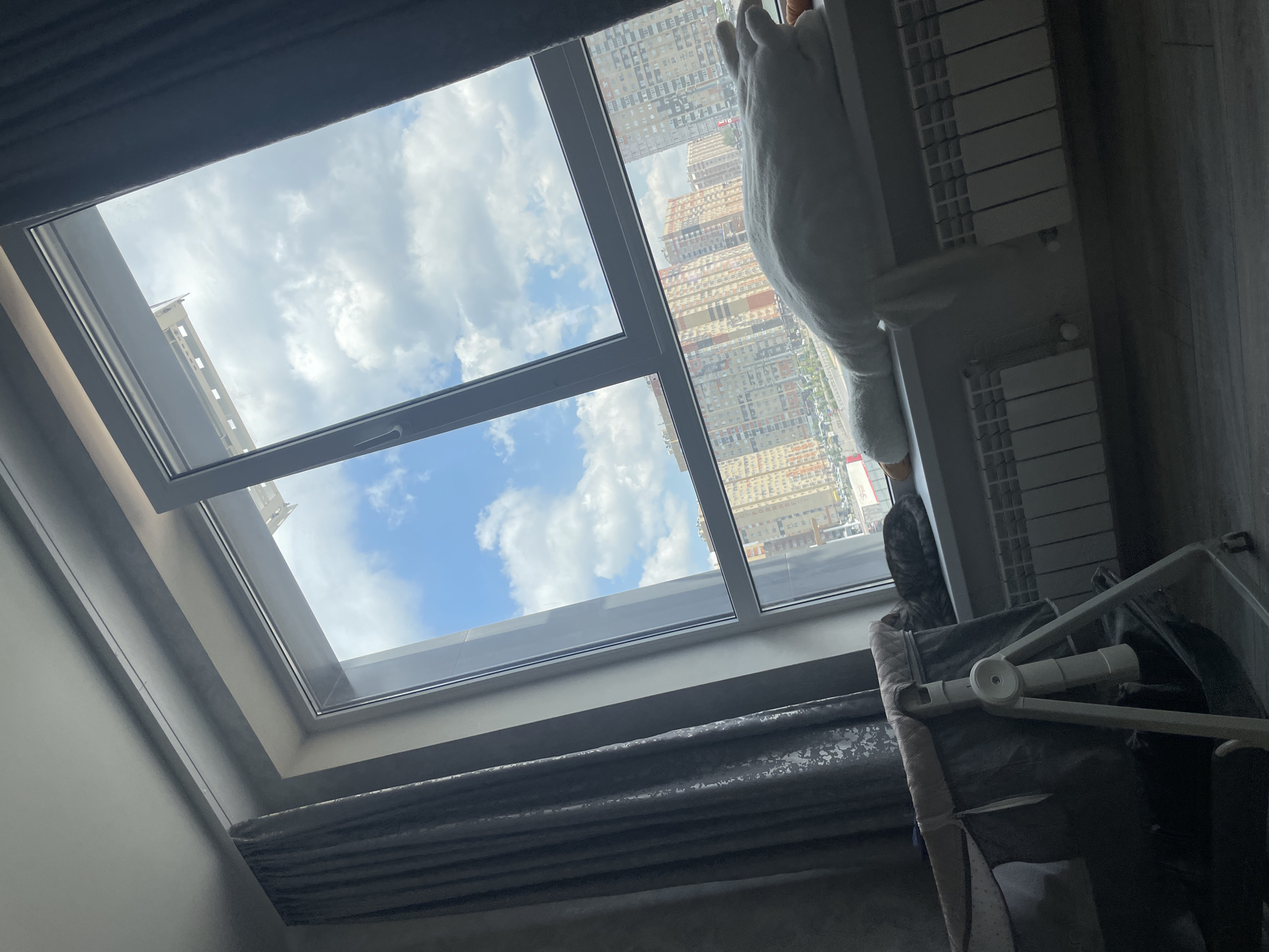 A baby crib and a gray tabby cat are positioned on the floor next to a window in an apartment. The window is open, revealing a cloudy blue sky and a view of a cityscape with numerous multi-story buildings. A plush white stuffed animal, resembling a goose, lies on the windowsill. The room appears to be dimly lit by natural light filtering through the window. This scene is likely located in Stavropol, Russia, as indicated by the architectural style of the buildings visible through the window.