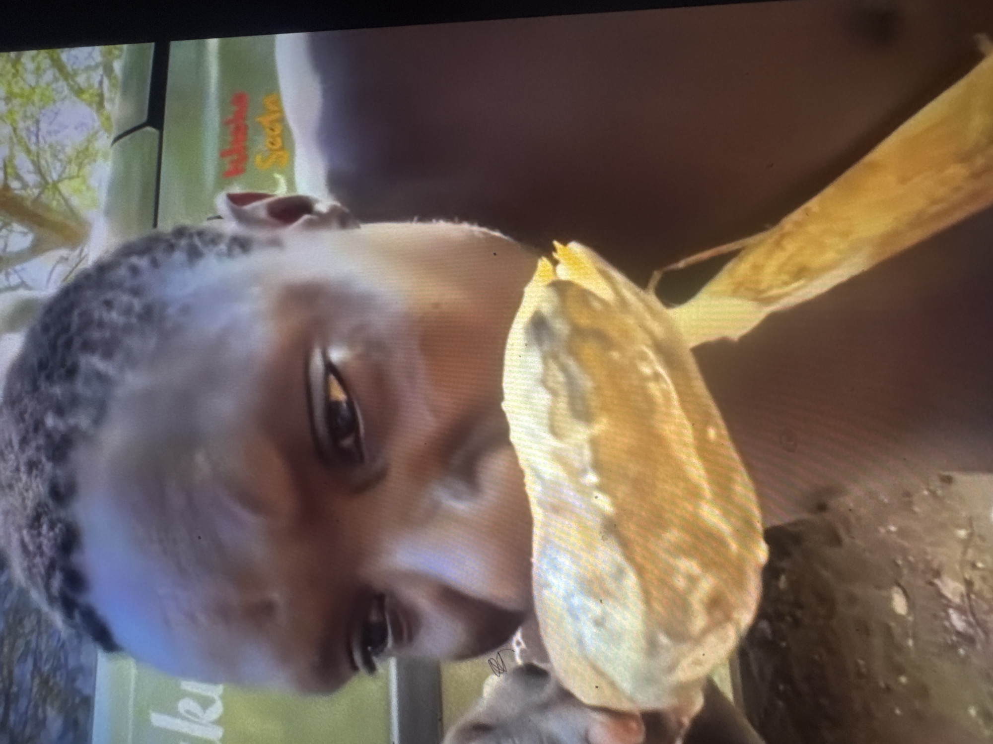 A close-up shot shows a young person with dark skin and tightly braided hair looking down at a large piece of food, possibly corn on the cob, held in their hands. The food is golden yellow and appears to be partially eaten. The person's face is partially obscured by the food, but their dark eyes are visible. In the background, there is a blurry green and white object, possibly a vehicle, with some text on it. The text appears to be "Nkhaba" and "Sada". The setting seems to be outdoors, with some trees visible in the distance. The image is taken from a slightly elevated angle, looking down at the person. No specific landmarks in Abuja, Nigeria are identifiable.