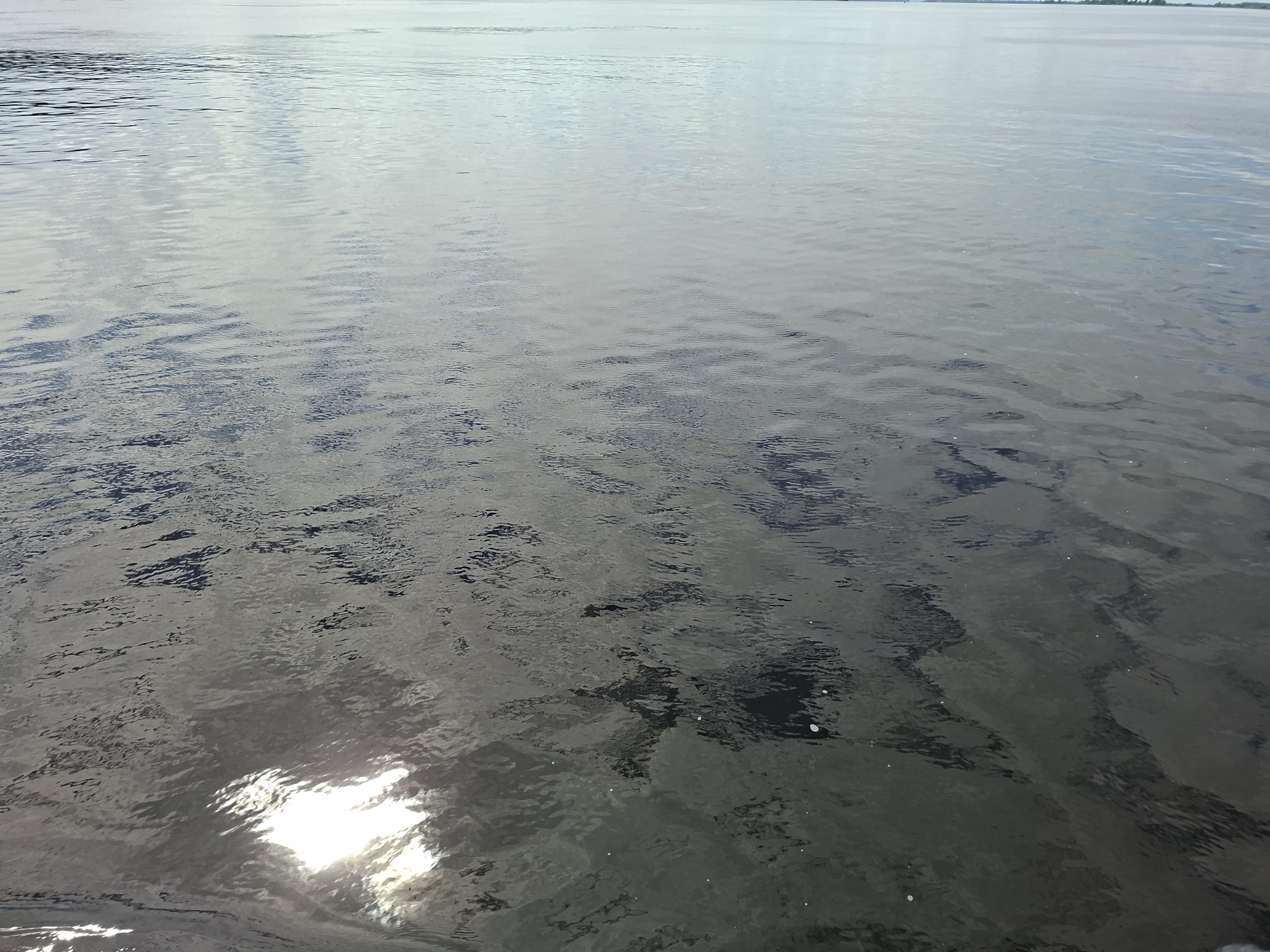 The image shows a wide expanse of calm water, reflecting the sky. The water's surface is mostly smooth with gentle ripples, creating a dappled pattern of light and shadow. In the lower left quadrant, a bright reflection of the sun is visible, breaking into smaller glints on the water. The horizon line, where the water meets the sky, is subtle and appears distant. The overall impression is one of peacefulness and a large open body of water. The location is not discernible from the image alone.