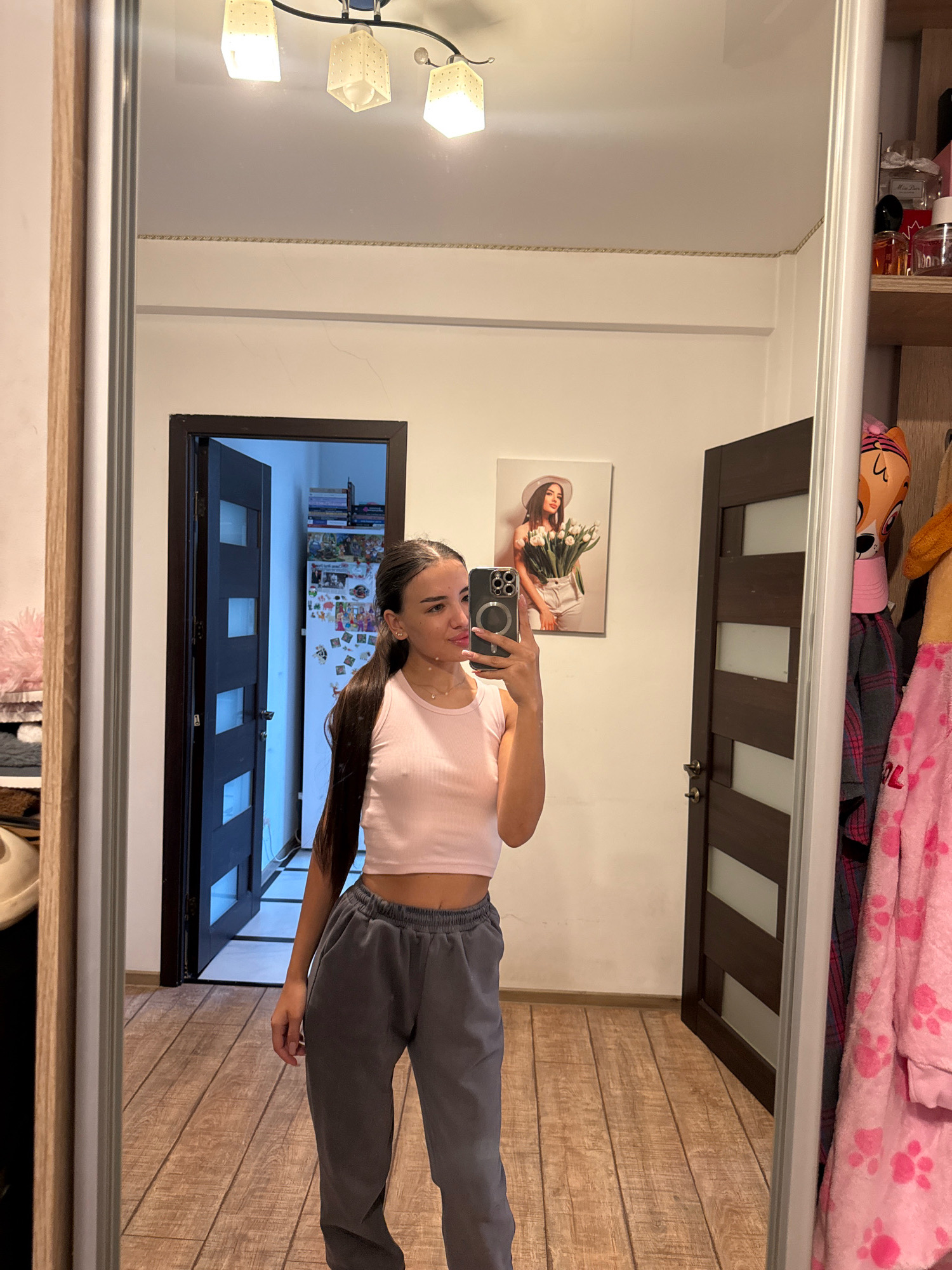 A young woman with long, dark hair, wearing a light pink crop top and grey sweatpants, takes a mirror selfie in what appears to be a bedroom or dressing area. She is holding a smartphone in her right hand, angled to capture her reflection. In the background, a door is slightly ajar, revealing a hallway with a checkered floor and a refrigerator covered in magnets and papers. On the wall opposite the mirror, a framed picture of a woman holding a bouquet of tulips is displayed. To the right of the woman, a closet is visible, with several garments hanging on display, including a pink bathrobe with paw prints. The room is lit by overhead lights and the overall impression is that of a domestic setting. There is no specific indication of the city of Chișinău, Moldova, in the image.
